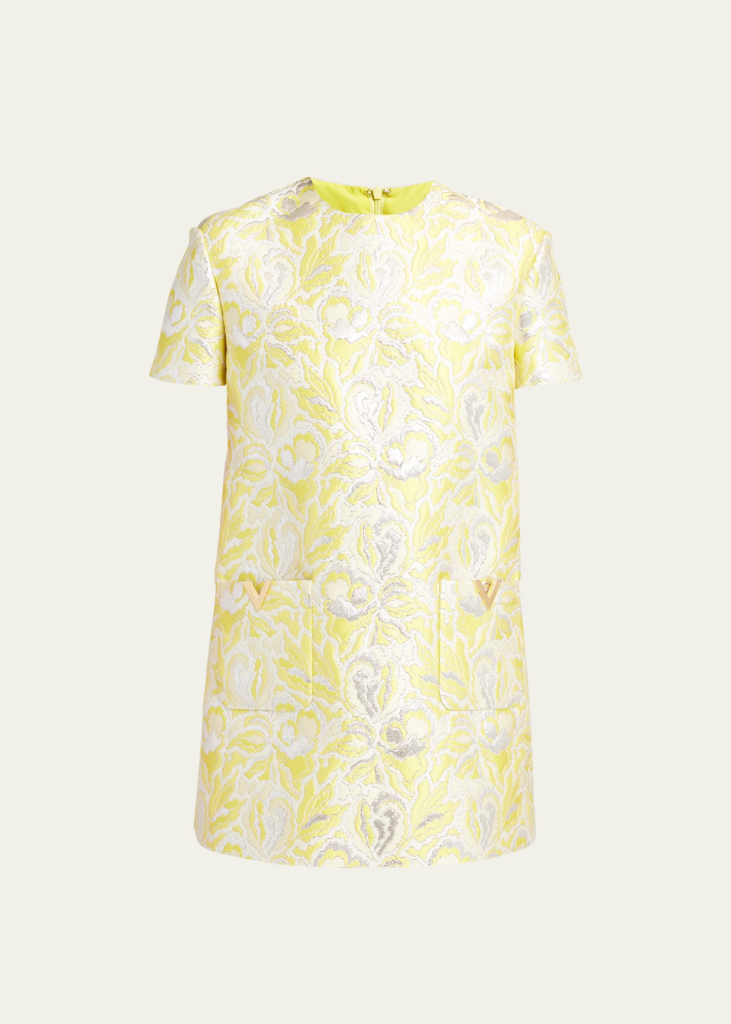 Valentino Iris Brocade Mini Dress With Patch Pockets In Yellow/silver