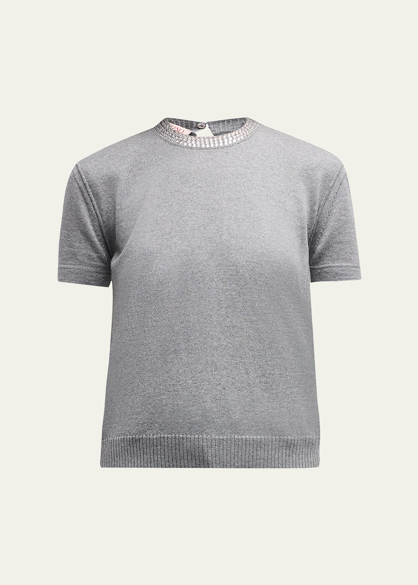 Shop Valentino Strass Embellished Short-sleeve Crop Knit Sweater In Gray Charcoal