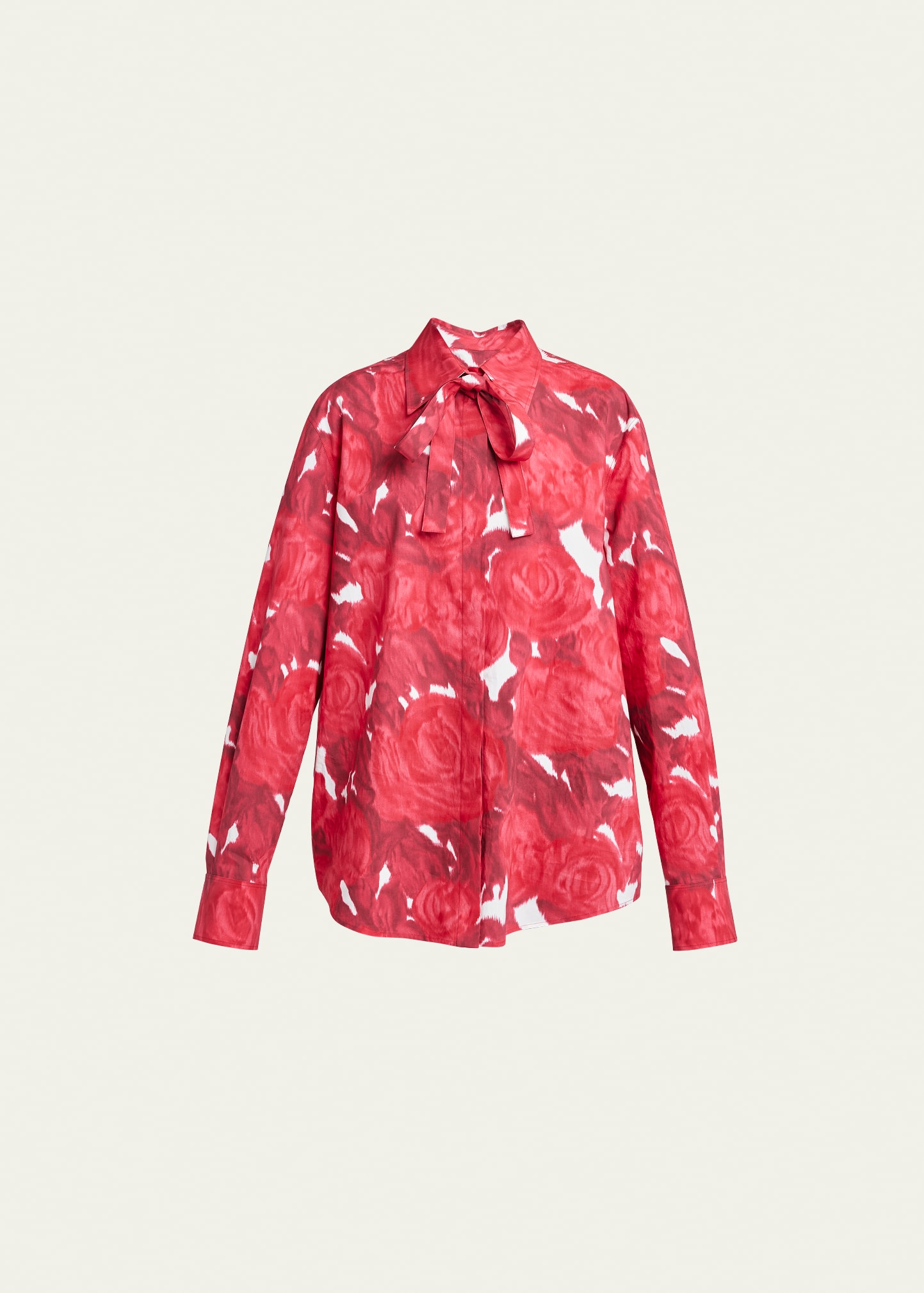 Rose Print Poplin Button-Front Shirt with Tie Neck