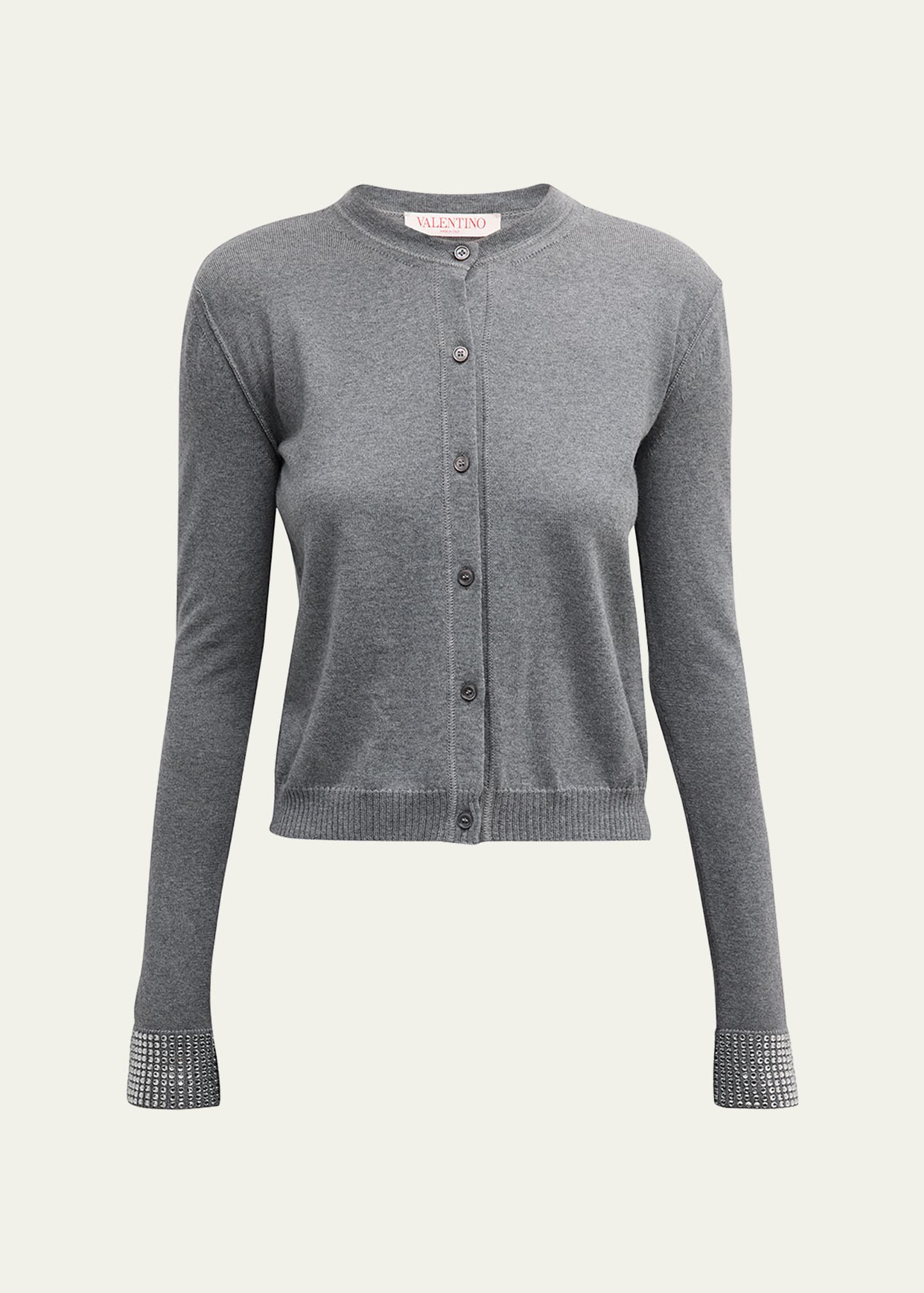 Shop Valentino Strass Embellished Wool Crewneck Cardigan In Gray Charcoal