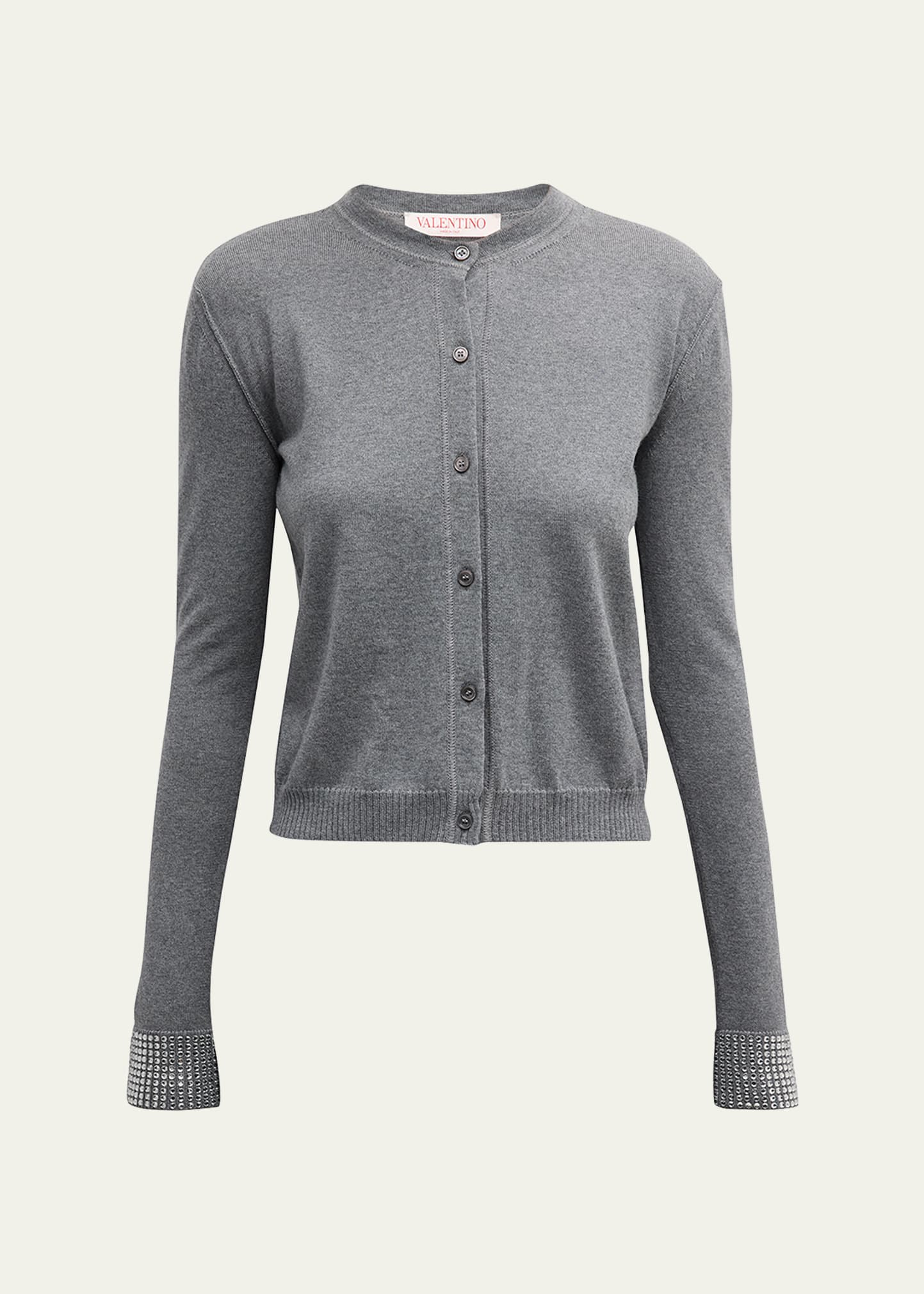 Valentino Strass Embellished Wool Crewneck Cardigan In Gray Charcoal