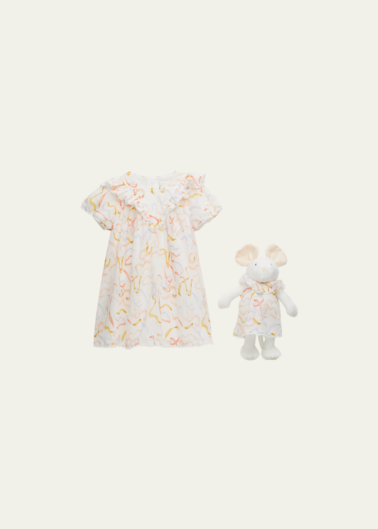Girl's Multicolor Ribbons-Print Dress & Toy Two-Piece Set, Size Newborn-18M