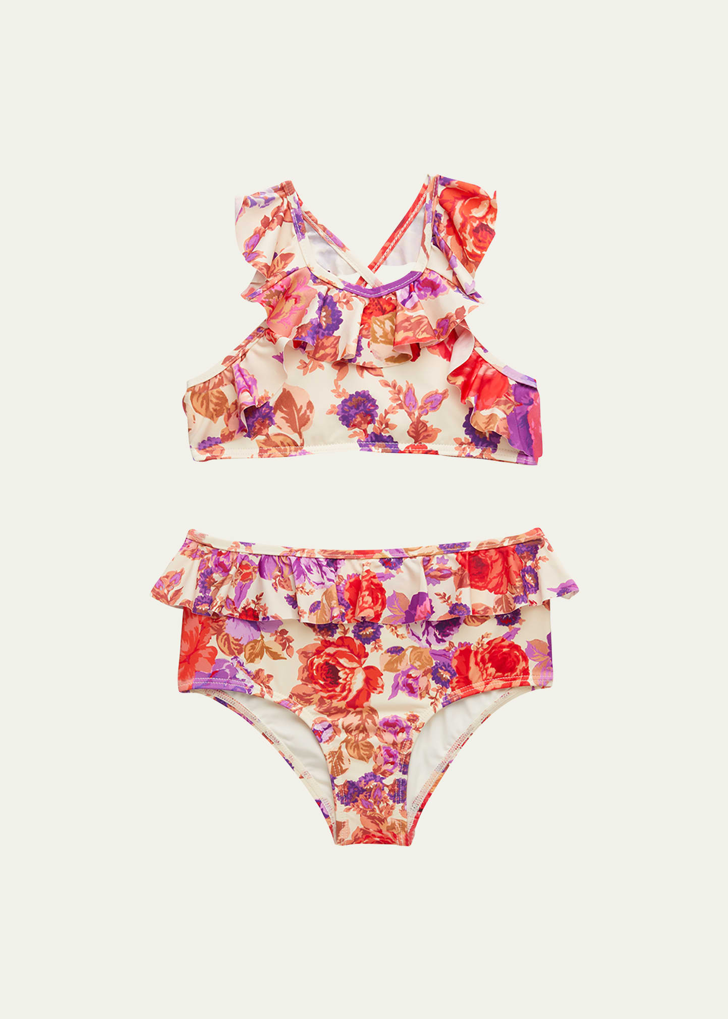 Zimmermann Girl's Raie Floral-print Frill Two-piece Swimsuit In Red/purple Floral