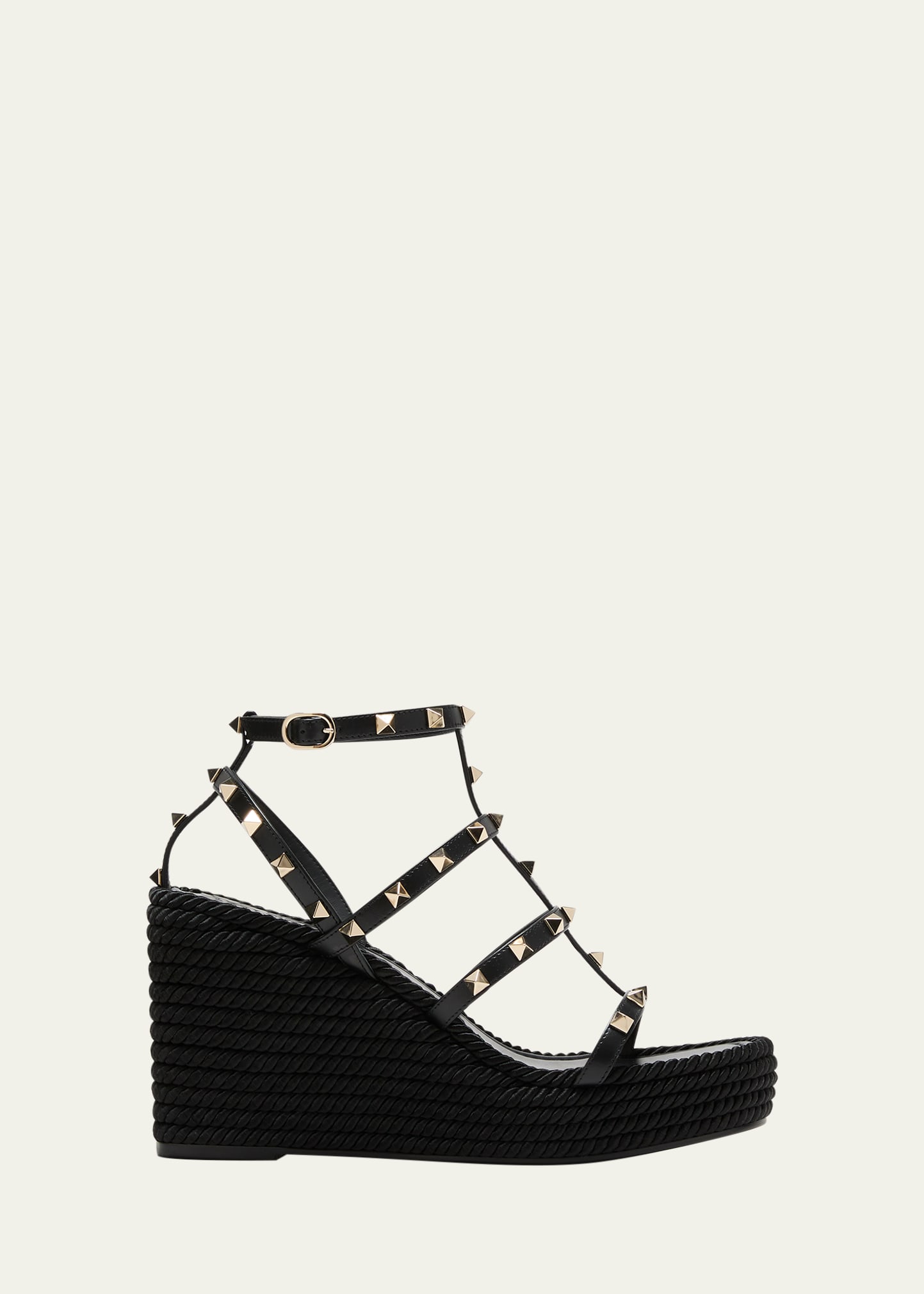 Shop Valentino Rockstud Leather Wedge Espadrille Sandals In 0no Nero