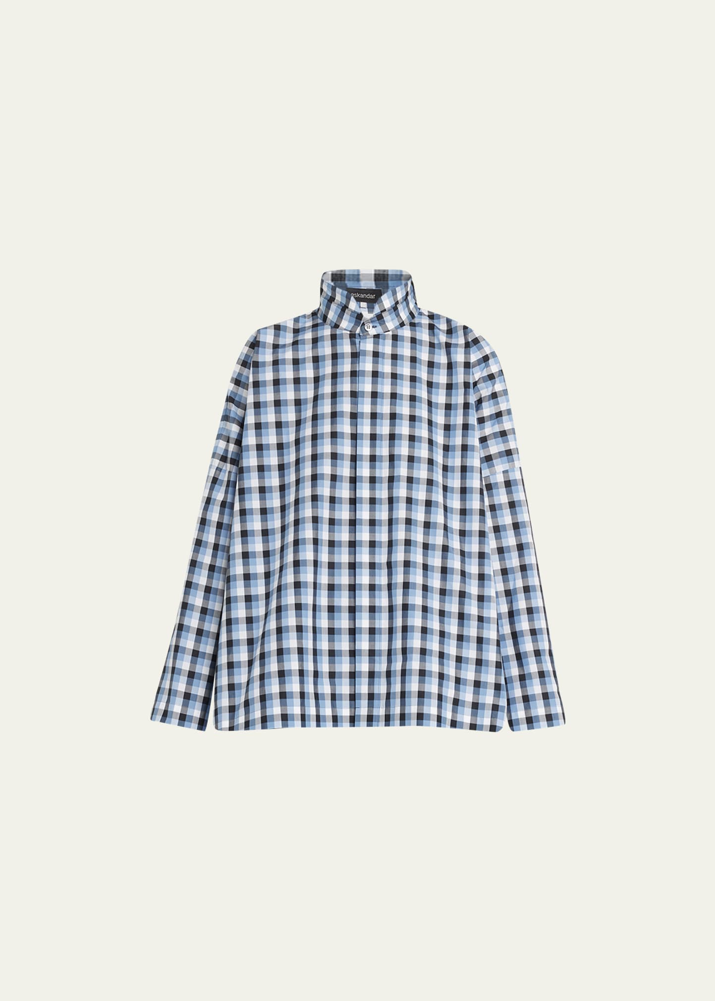 Shop Eskandar Wide Longer-back Plaid Shirt With Double Stand Collar (mid-plus) In Bluemix