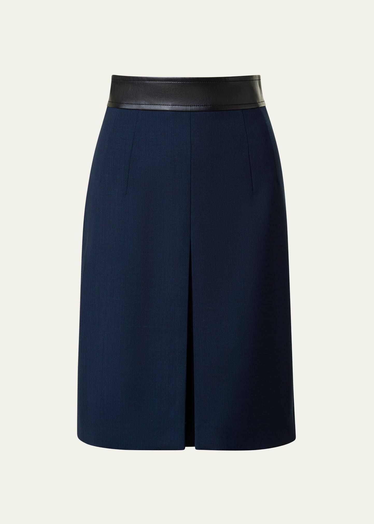 Pencil Skirt Mix Media Wool Crepe Vegan Leather Waistband Detail Front Box Pleat Back Zip Closure Knee Length