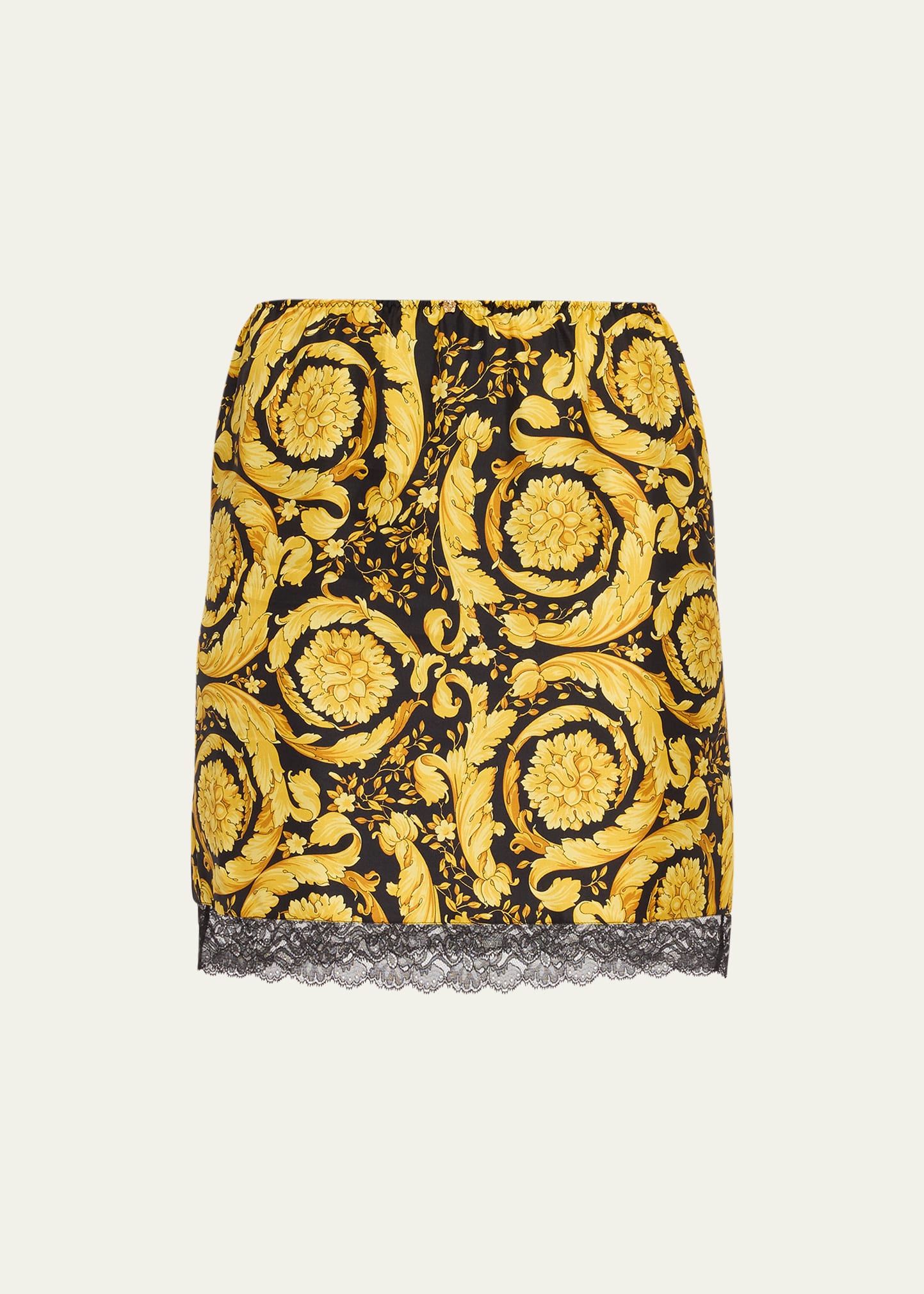 Shop Versace Barocco-print Lace-trim Mini Slip In Blackgold