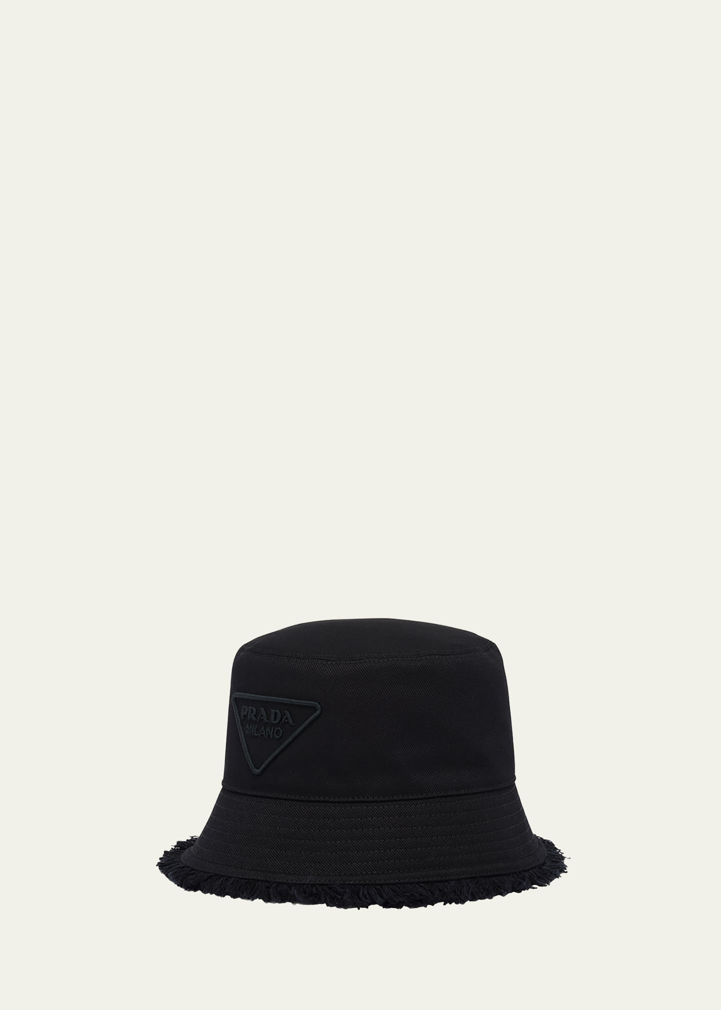 Prada Men's Triangle Logo Fringe Bucket Hat In Black