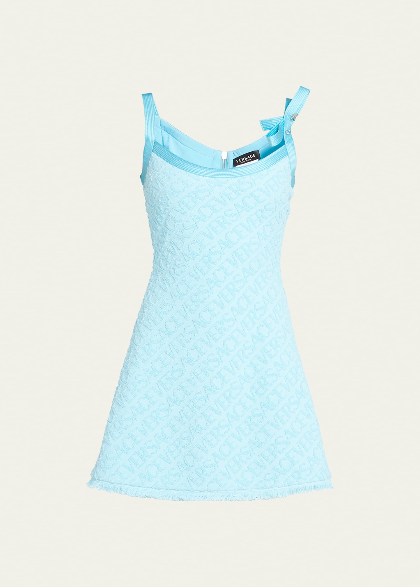 Versace + Dua Lipa Silk Satin-trimmed Flocked Cotton-terry Mini Dress In Azur