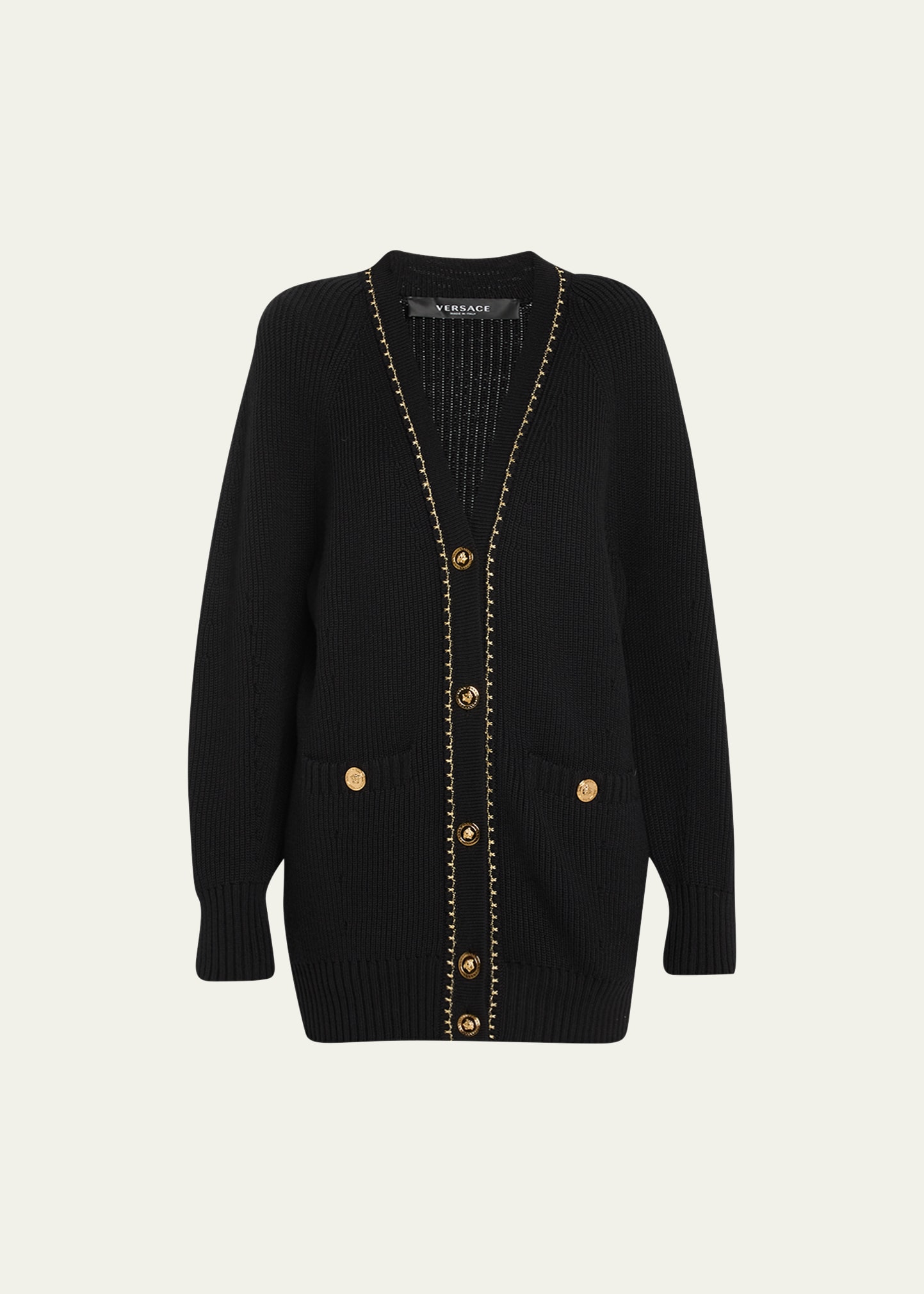 Shop Versace Essential Series Wool Knit Button-front Sweater In Black