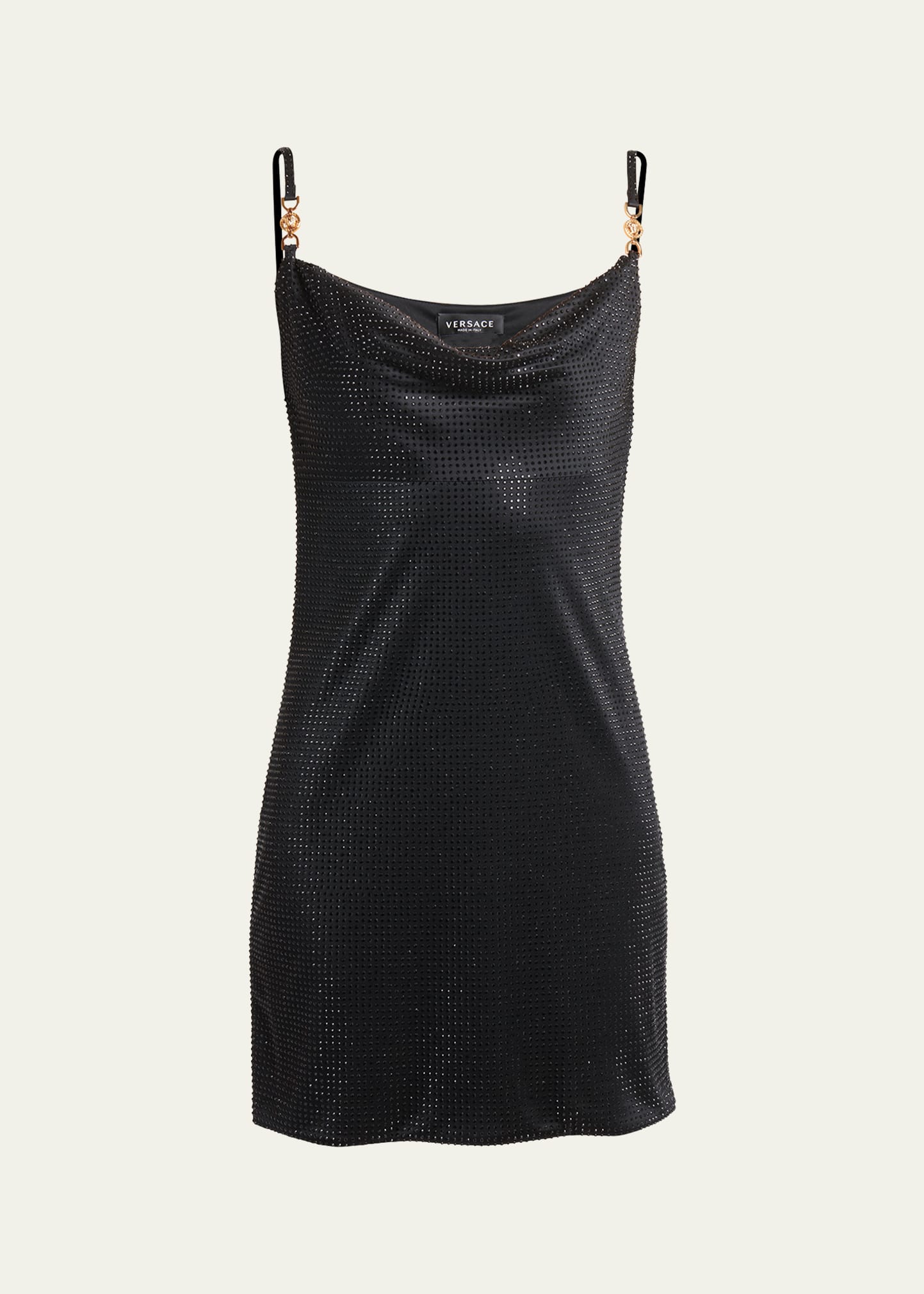 Shop Versace Cowl-neck Strass Embellished Jersey Mini Slip Dress In Black