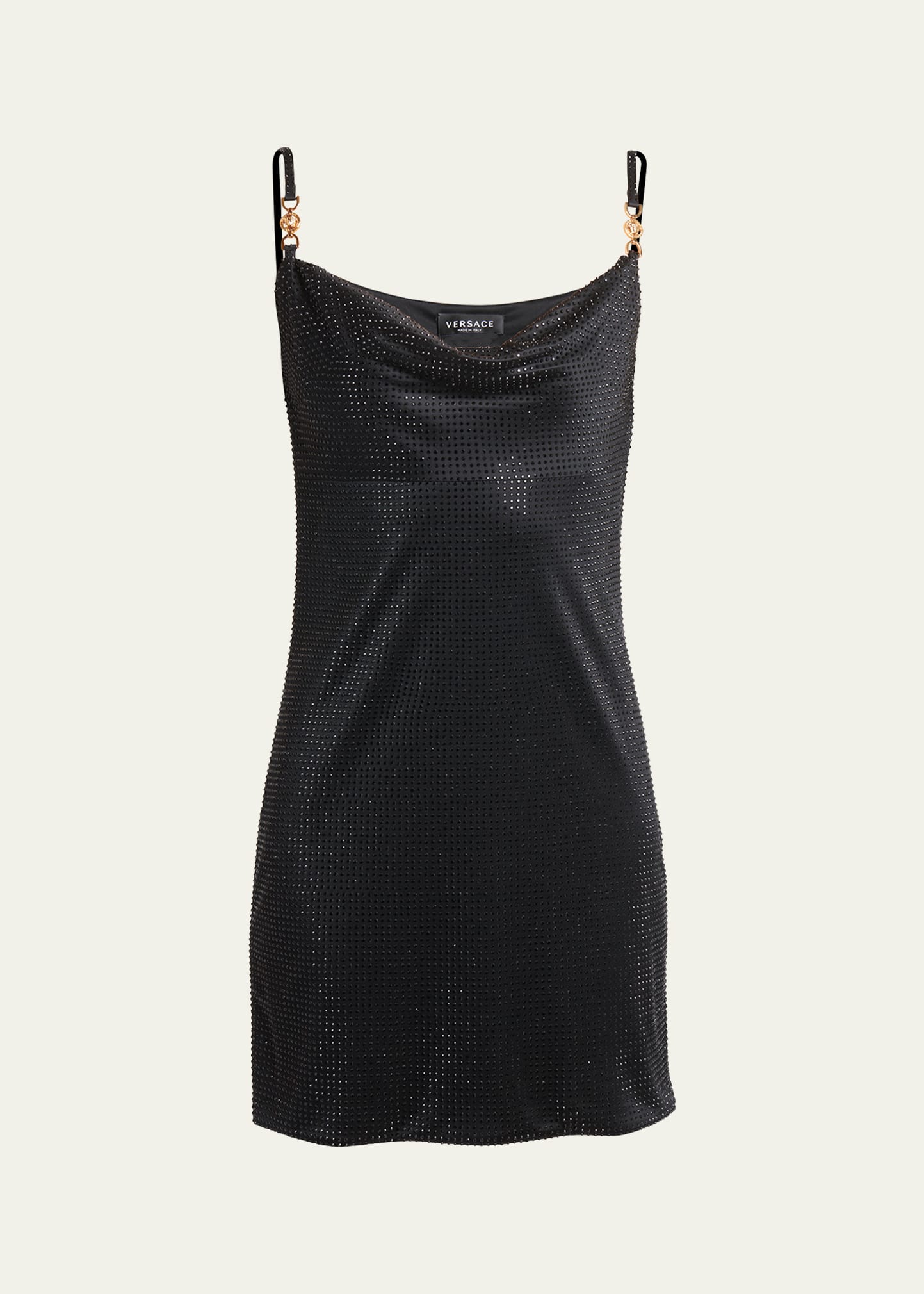 Versace Cowl-neck Strass Embellished Jersey Mini Slip Dress In Black