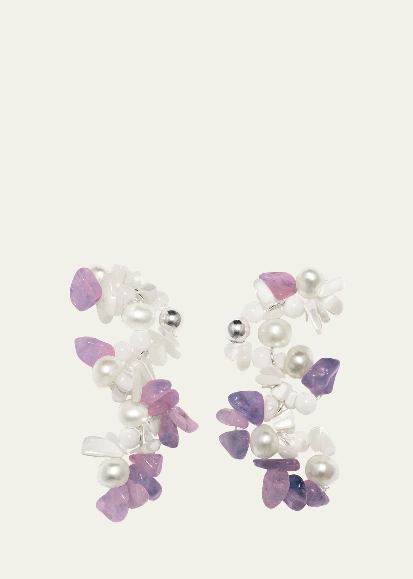 Recycled Sterling Silver Drop Earrings With Pearl, Mother Of Pearl, And Amethyst