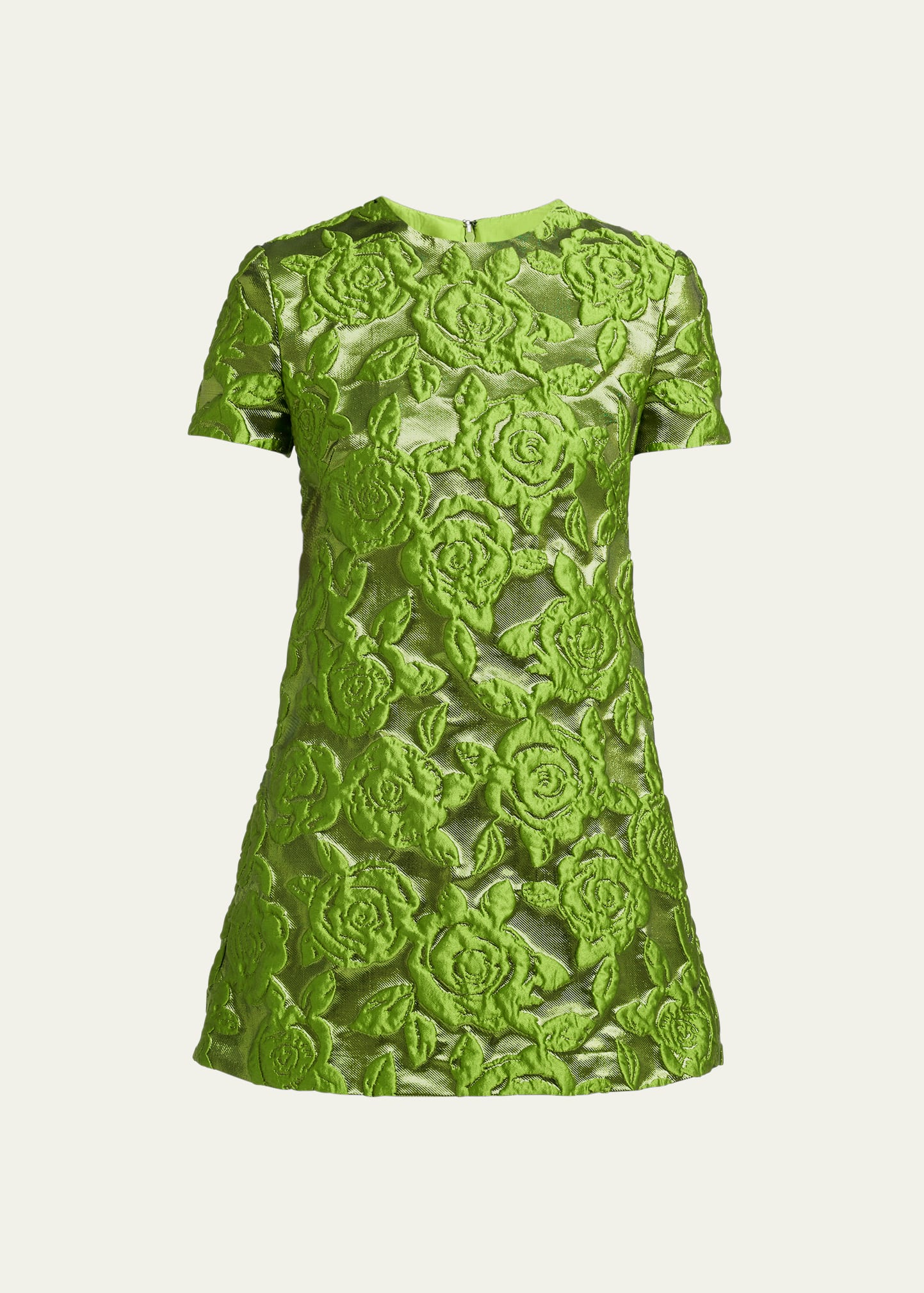 Valentino Metallic Floral Brocade Short-sleeve Mini Dress In Lt Green