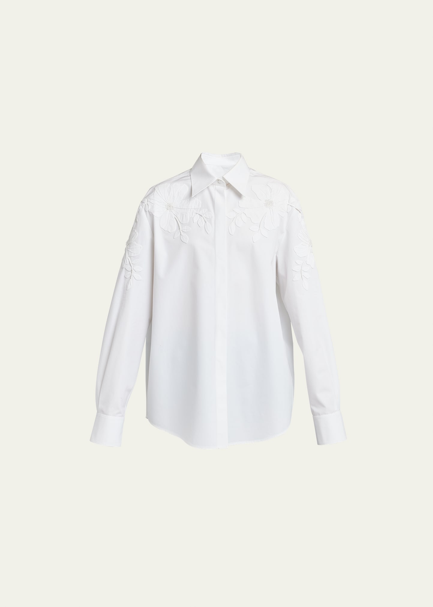 Valentino Floral Tonal Embroidered Poplin Collared Blouse In White