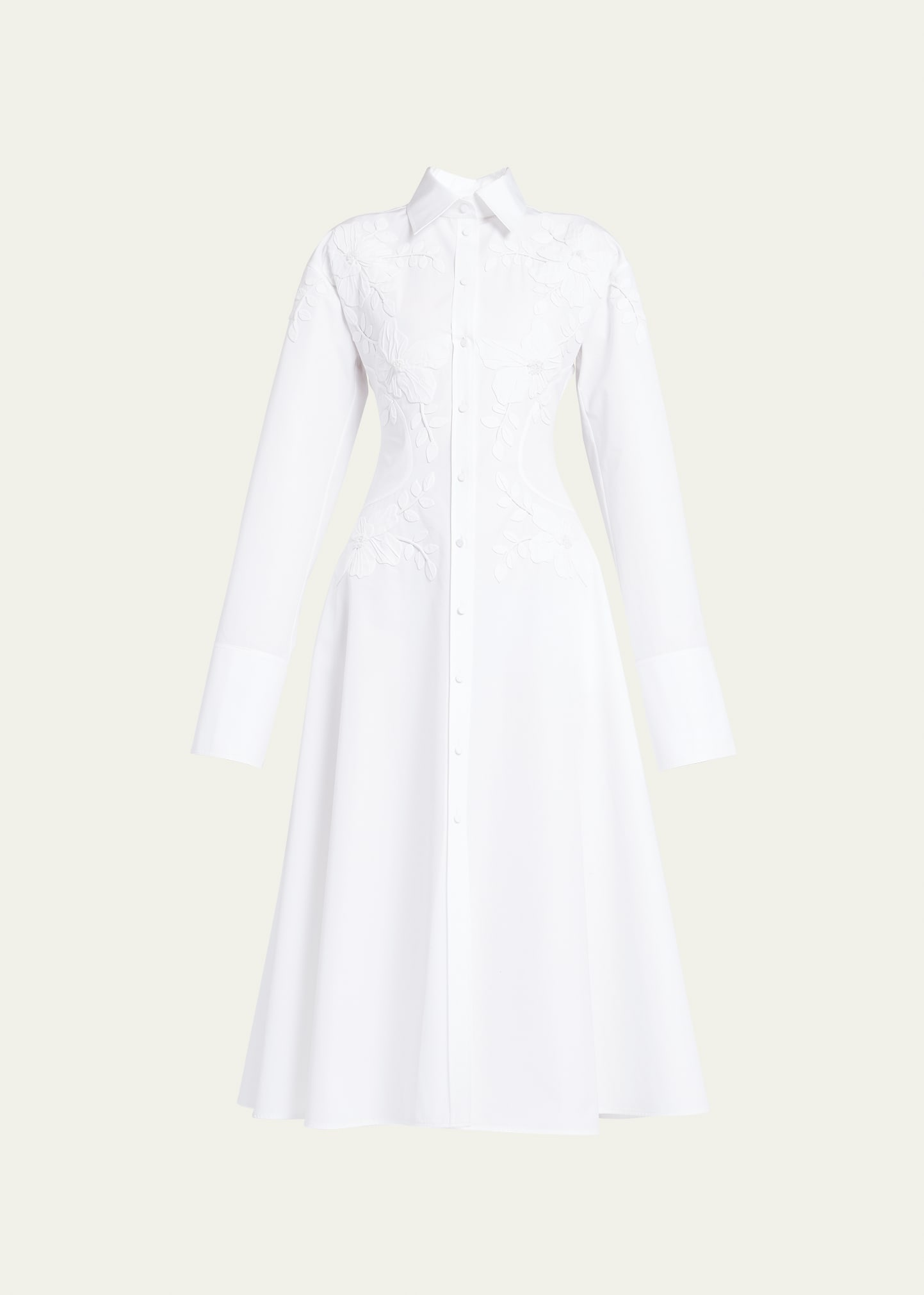 Valentino Floral Tonal Embroidered Long-sleeve Midi Shirtdress In White