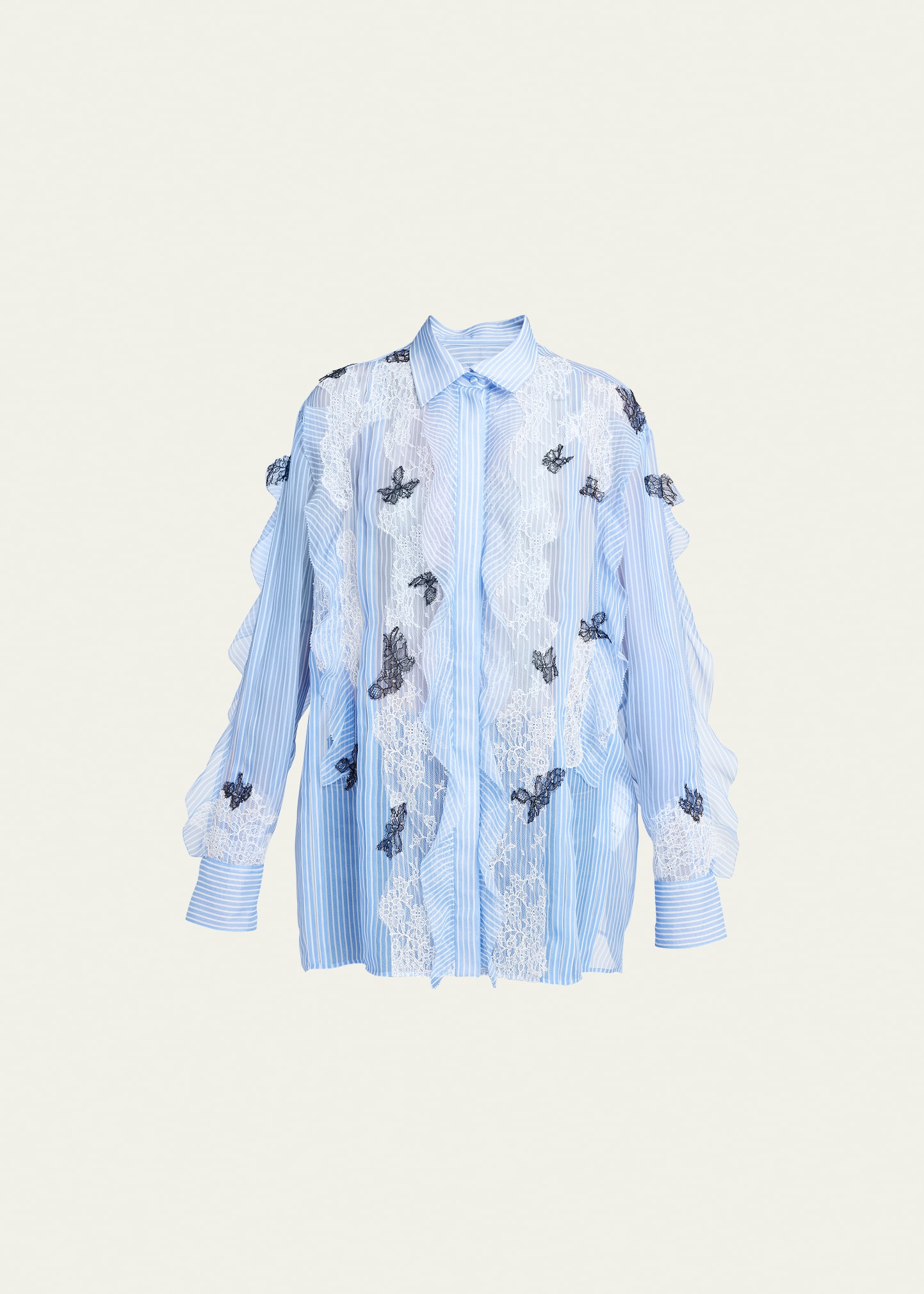 VALENTINO RUFFLE STRIPE SHEER LACE BUTTERFLY BLOUSE