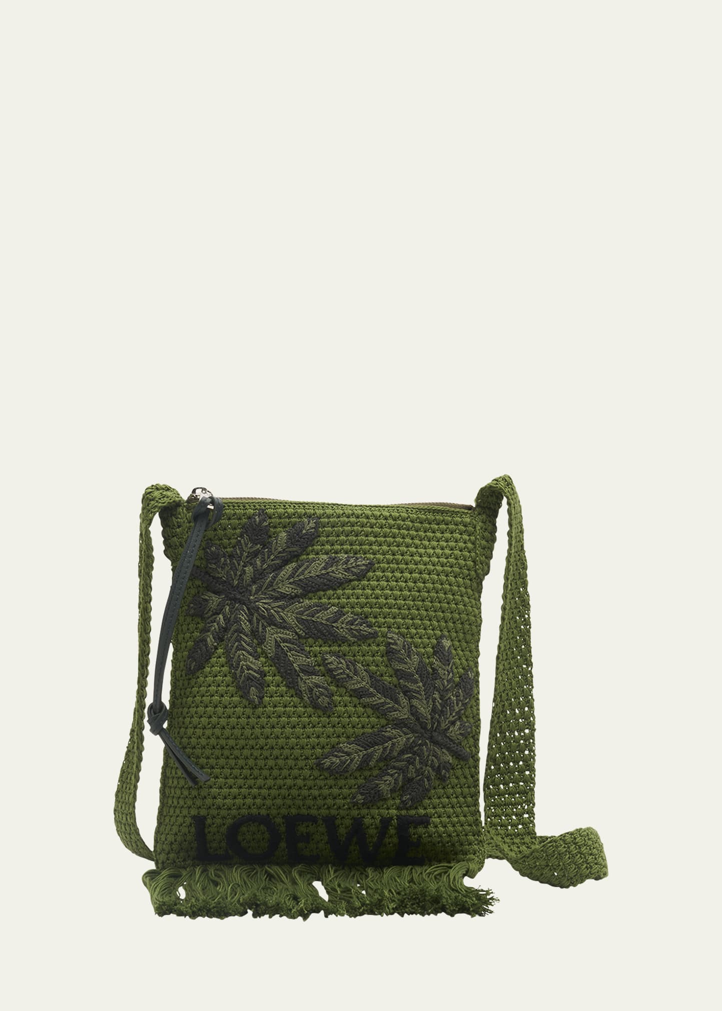 Loewe Men's Leaf Crochet Fringe Crossbody Bag In Green
