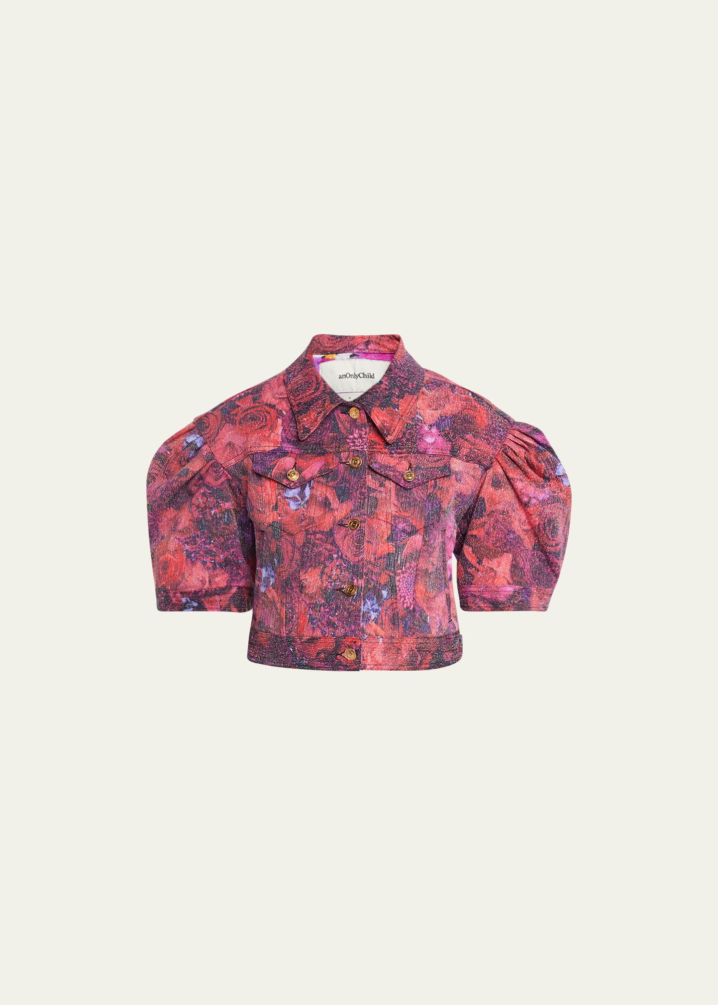 Floral Needlepoint Denim Puff-Sleeve Jacket