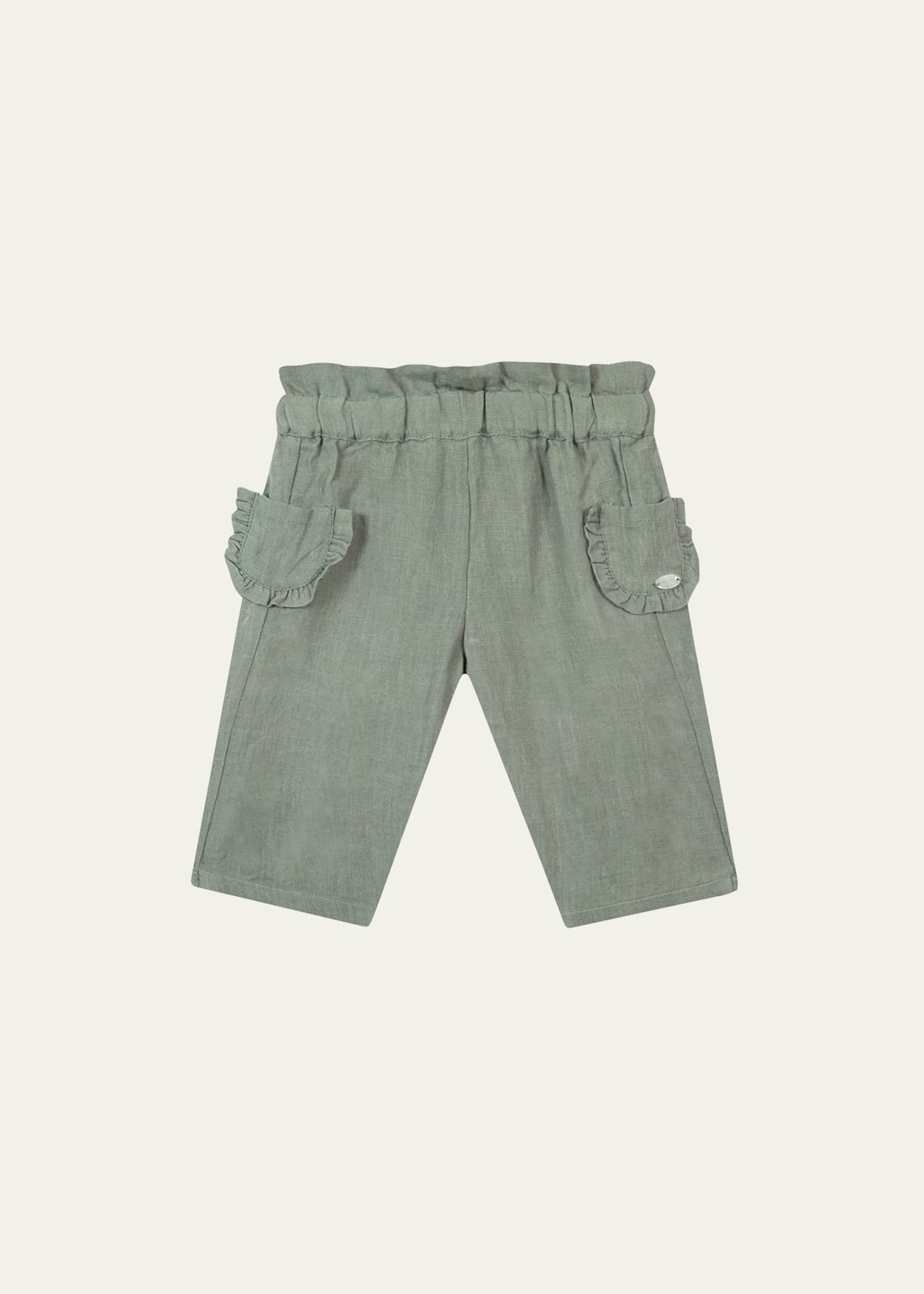 Tartine Et Chocolat Kids' Girl's Ruffle-trim Linen Pants In Khaki Clair