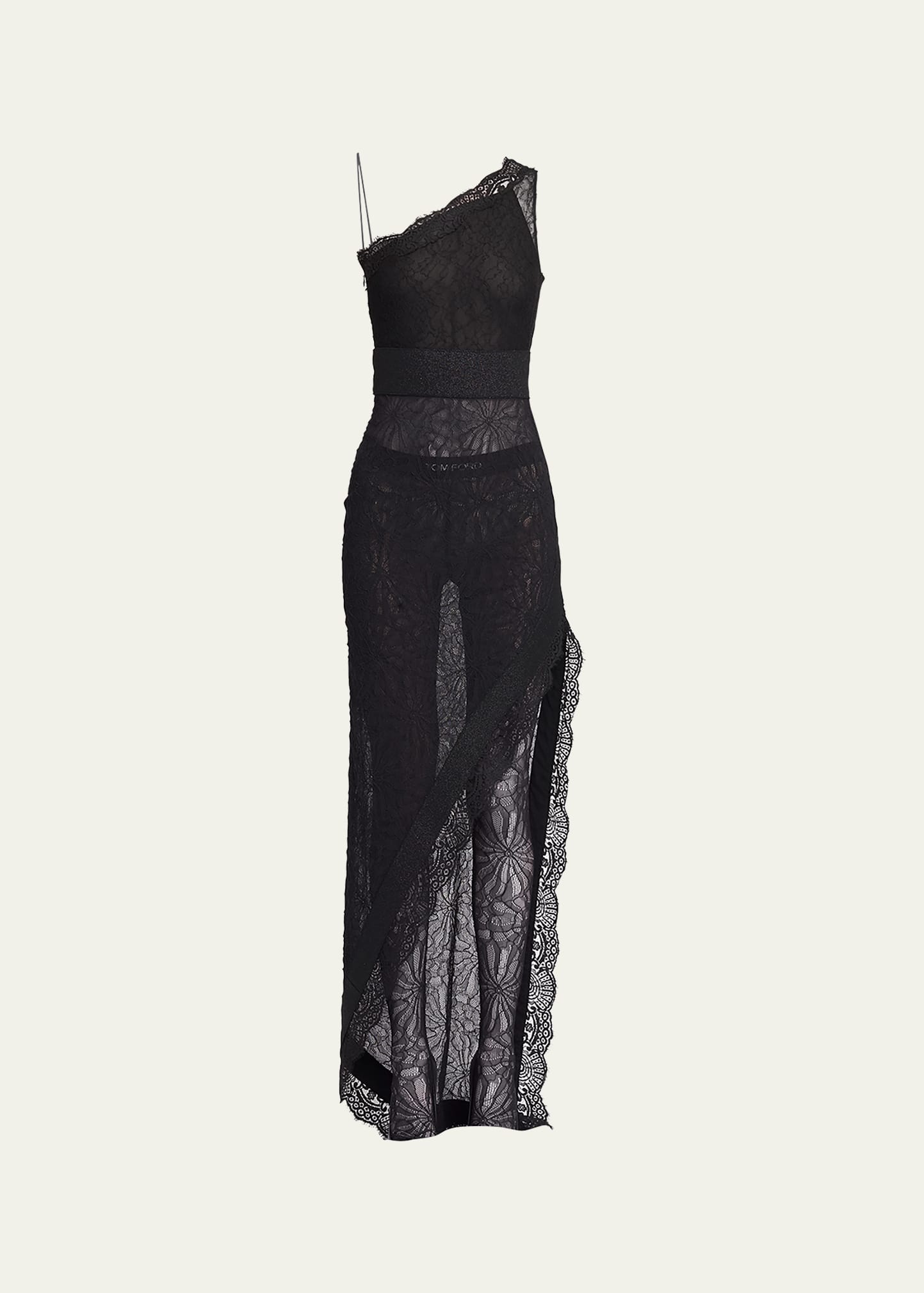 Shop Tom Ford Intertwining Rose Chantilly Lace One-shoulder Gown In Black