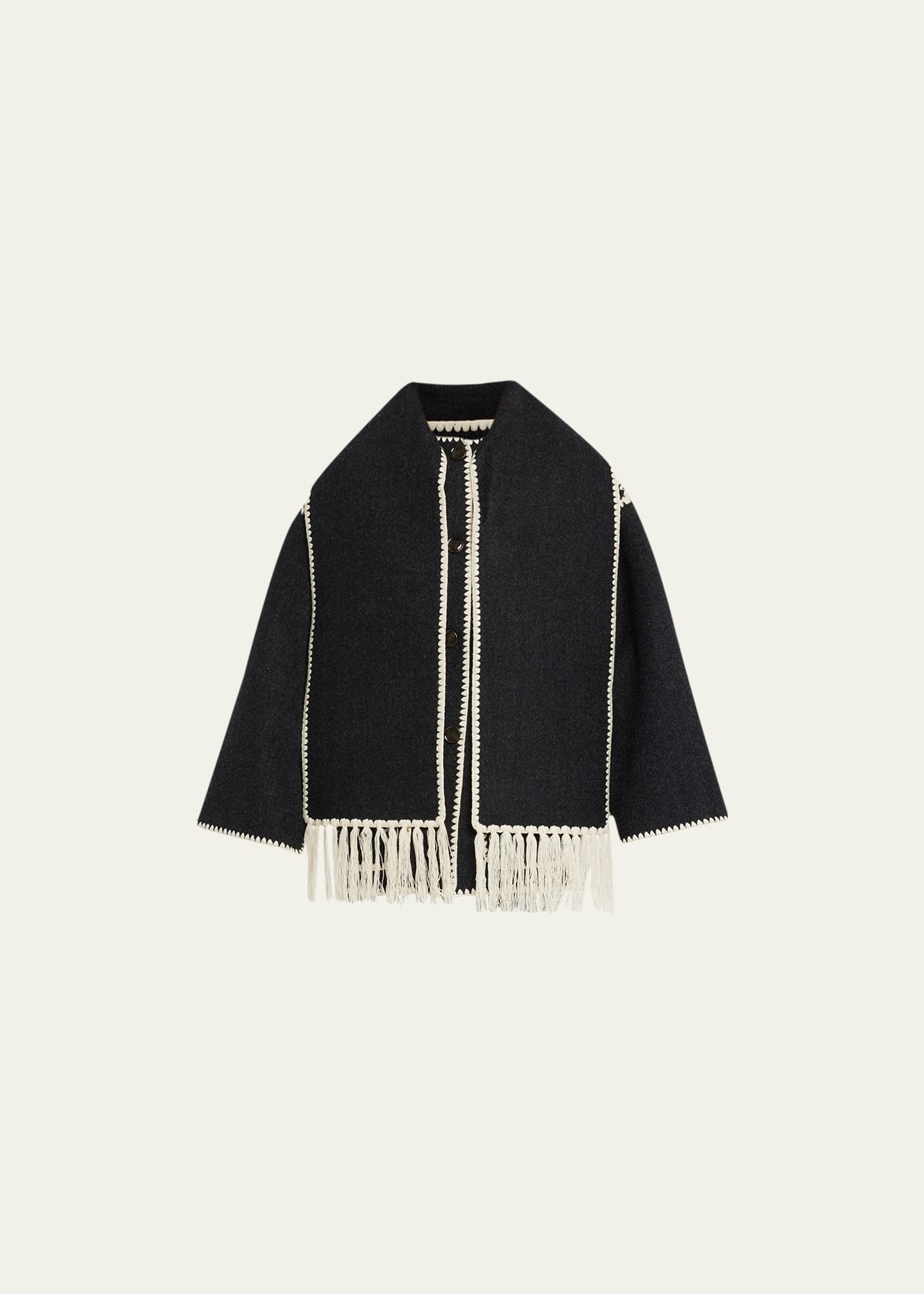 Embroidered Fringe Contrast-Trim Scarf Wool Jacket