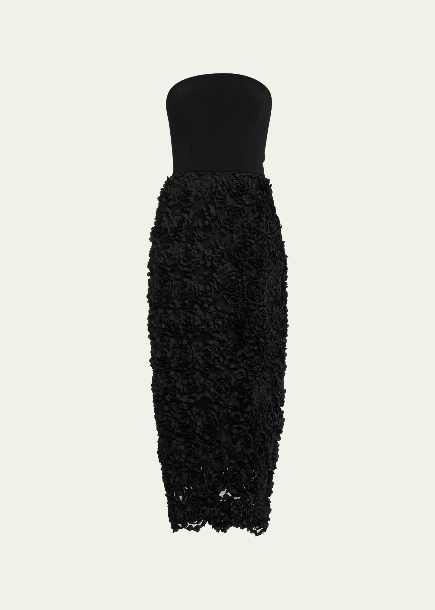 Marchesa Notte Strapless Rosette Bodycon Midi Dress In Black