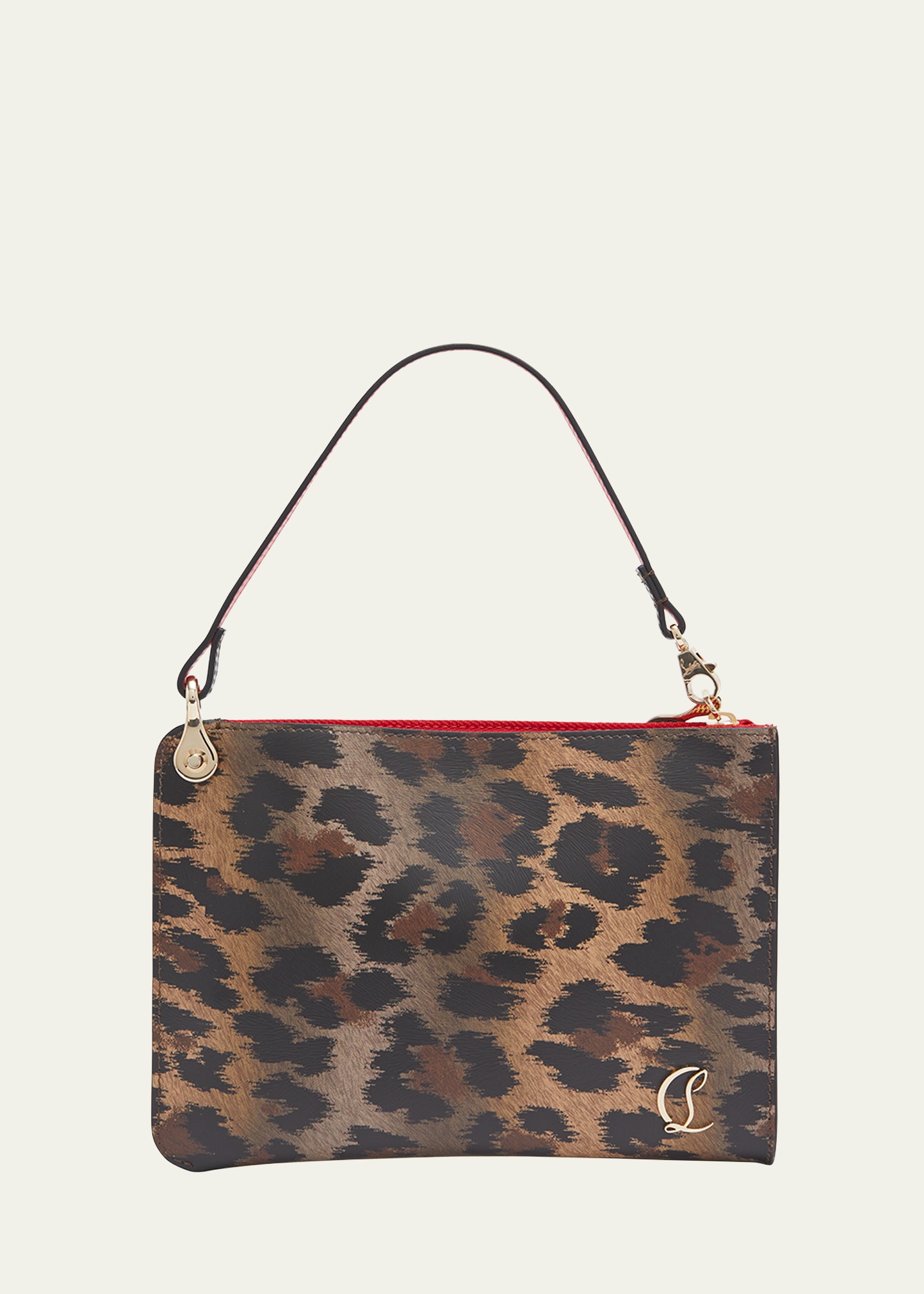 Leopard-Print Leather Pouch Top-Handle Bag
