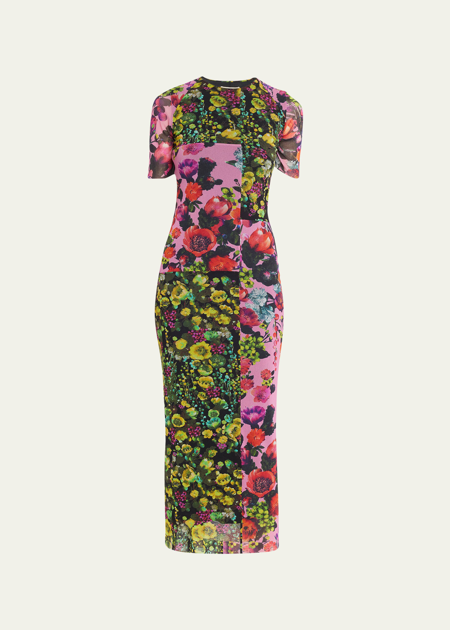Fuzzi Short-Sleeve Floral-Print Tulle Midi Dress