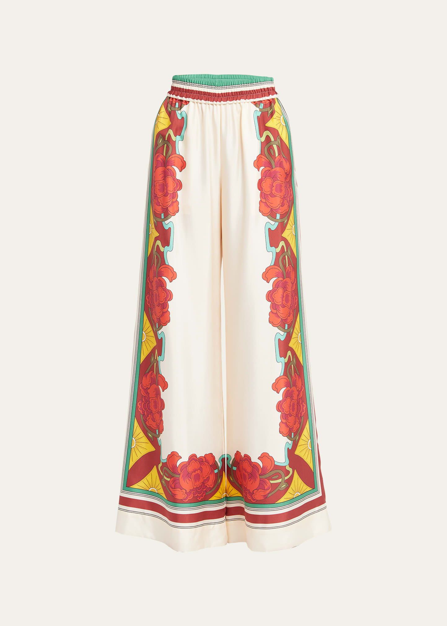 Wide-Leg Silk Palazzo Pants with Floral Detail