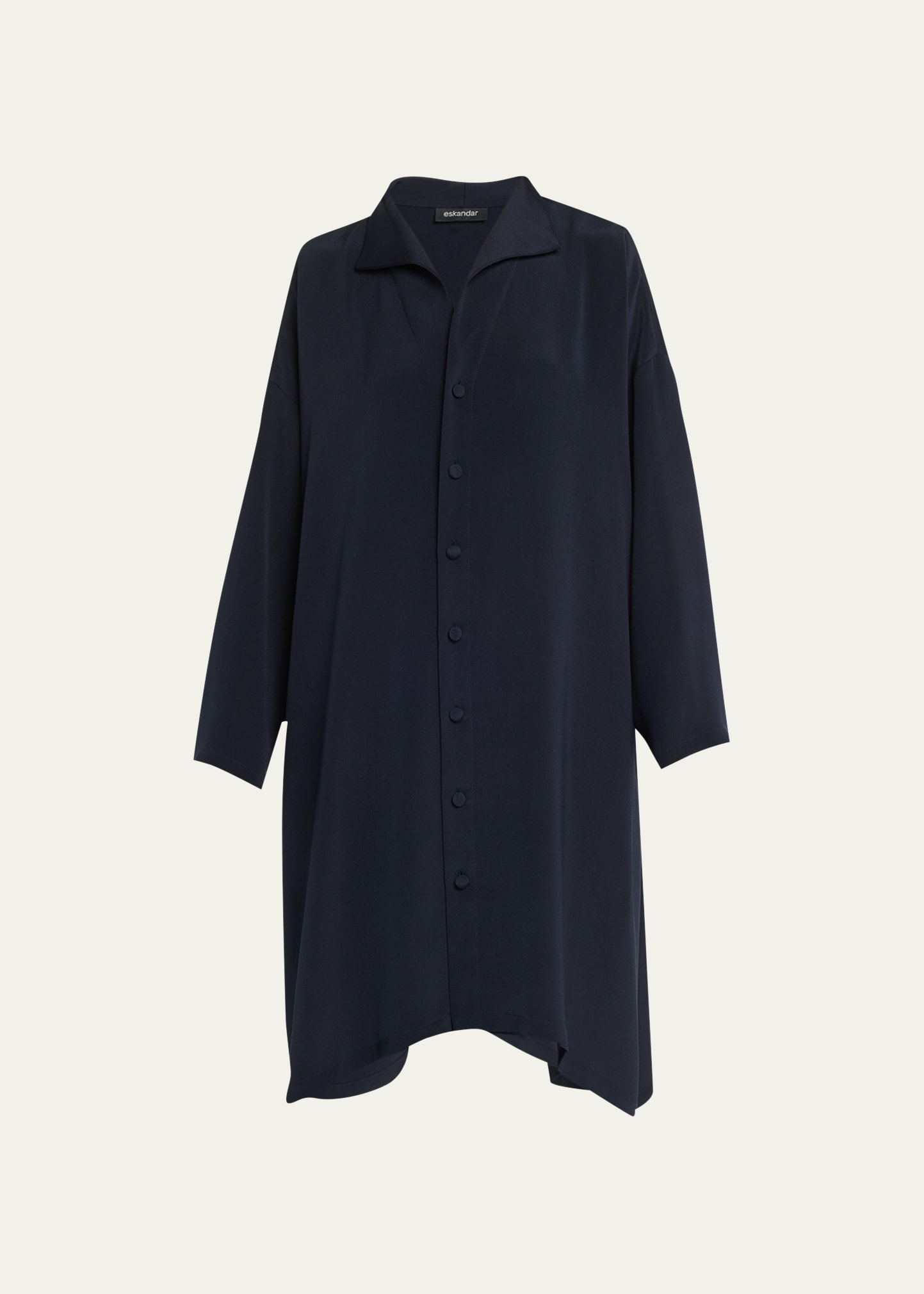 Eskandar Wide Aline Shirt With Open Standup Collar Very Long With Slits In Midnight