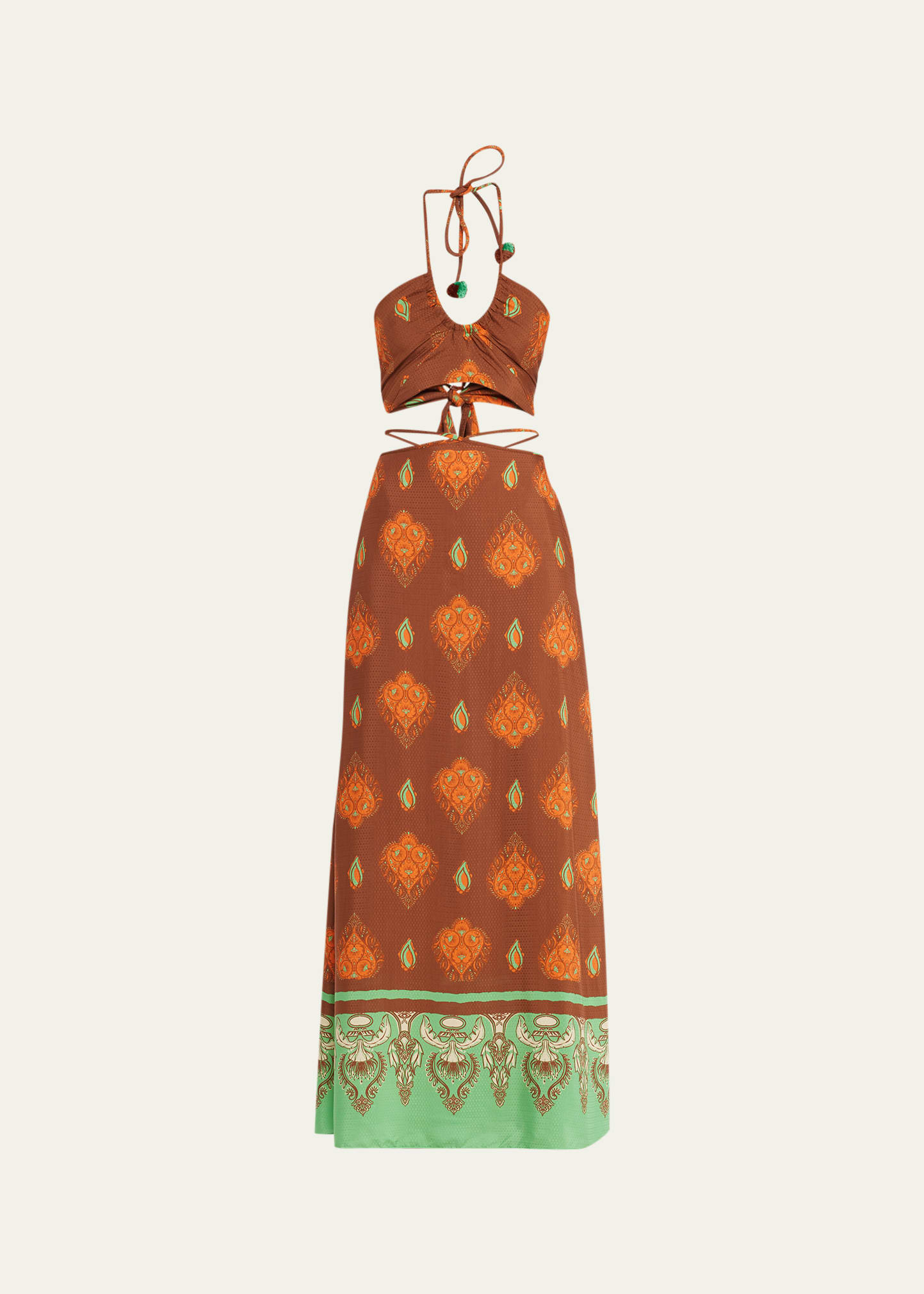 Johanna Ortiz Guardian Of Wisdom Printed Jacquard Maxi Skirt And Top Set In Green/brown