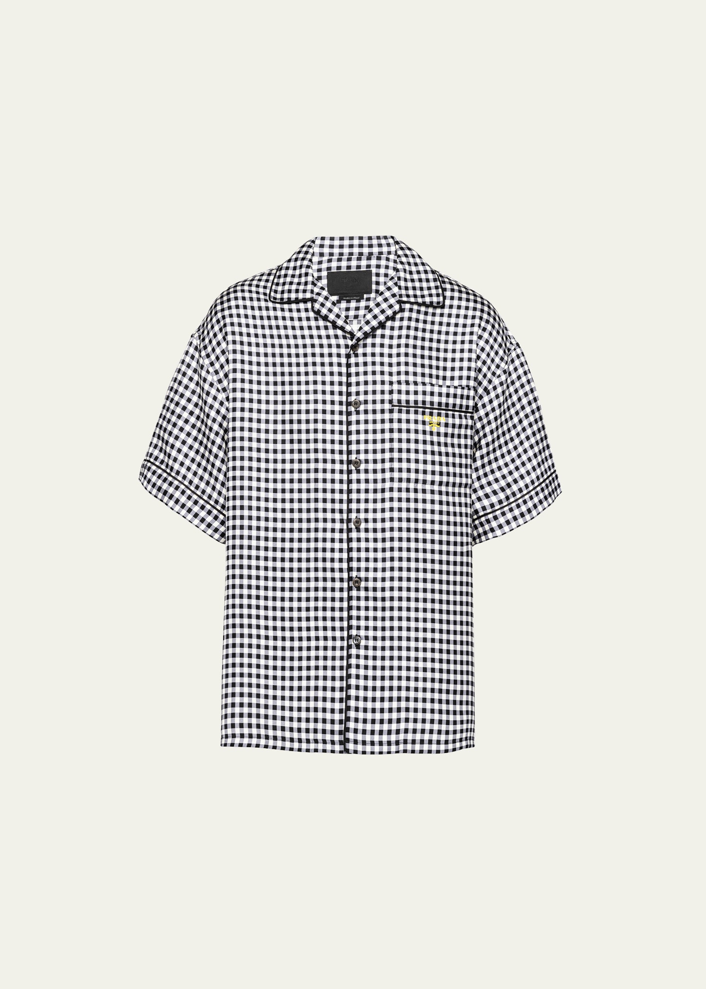 Shop Prada Men's Gingham Silk Camp Shirt In Bianco Nero
