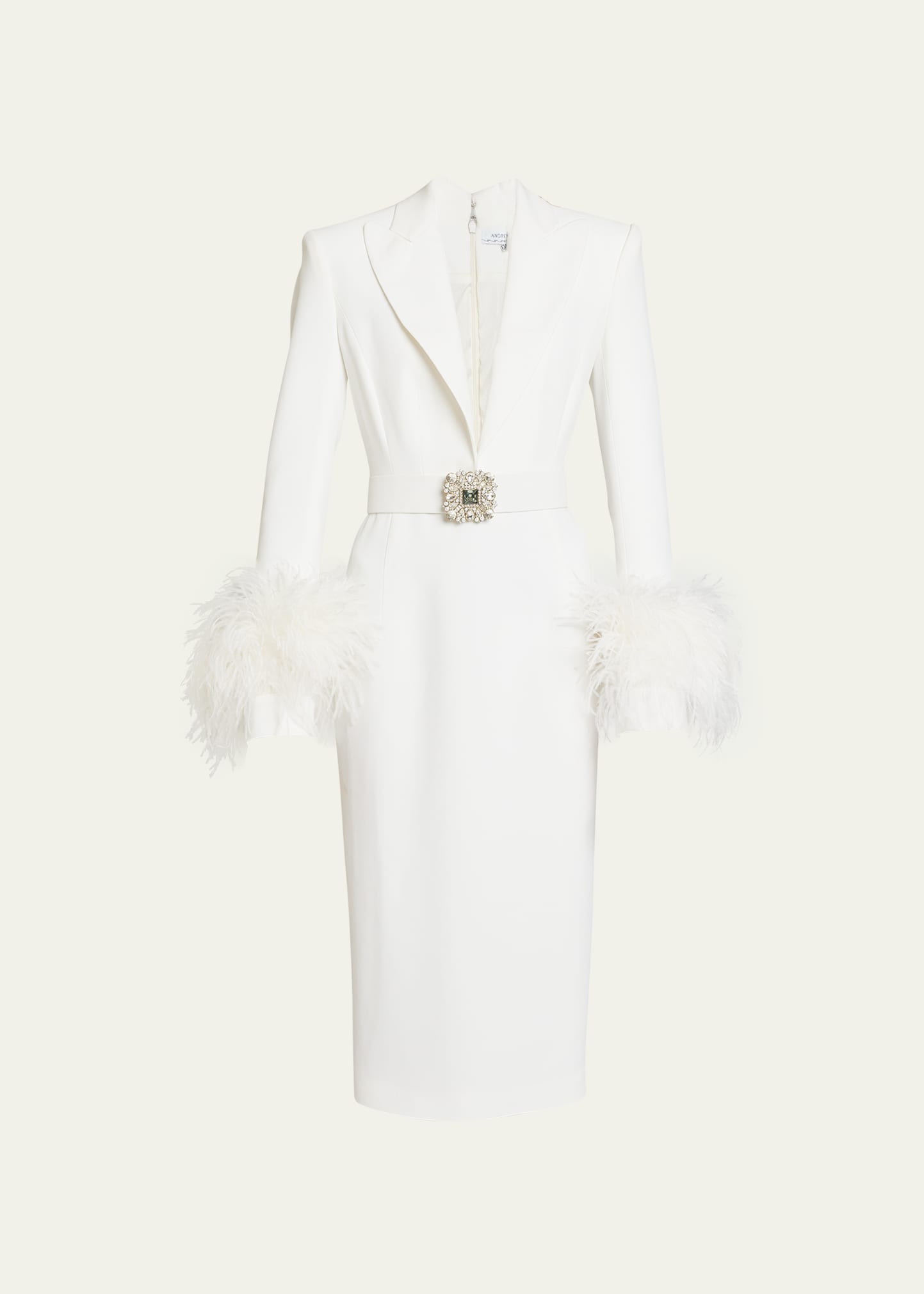 ANDREW GN WOVEN MIDI DRESS WITH FEATHER CUFFS AND CRYSTAL BELT