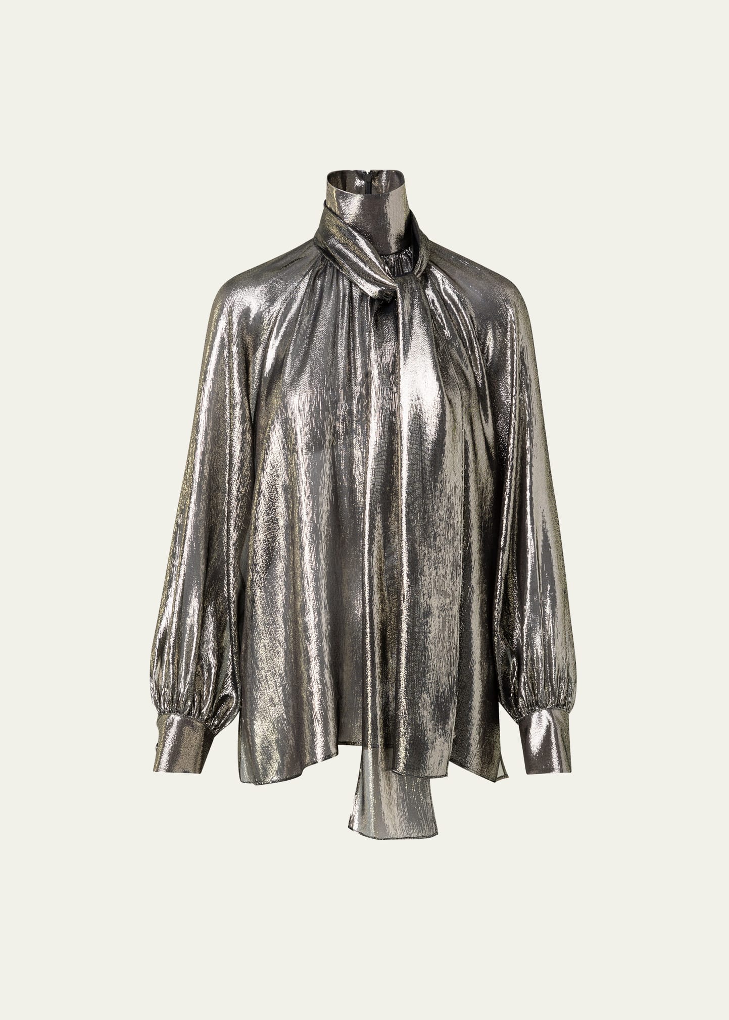 Metallic High-Neck Blouse with Detachable Bow