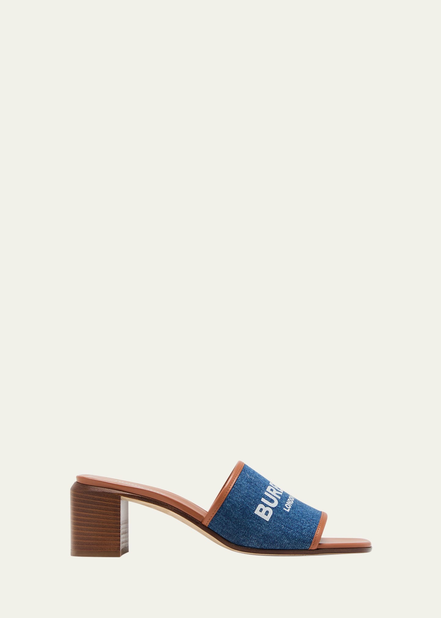 Burberry Label Print Denim And Leather 55mm Mules In Tan