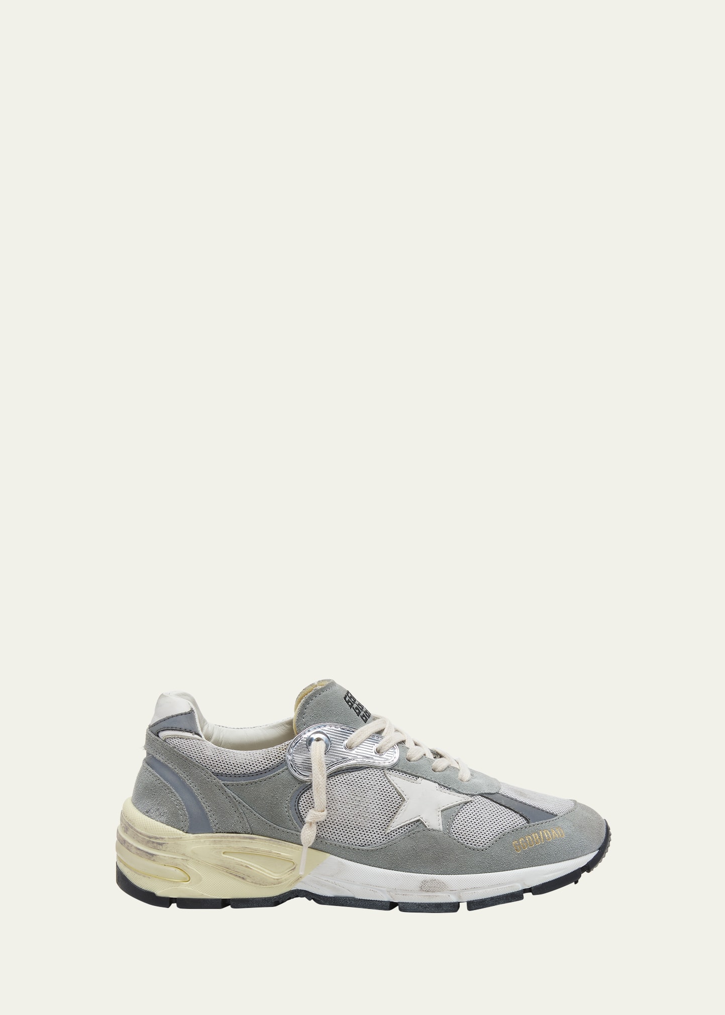 Shop Golden Goose Star Dad Mixed Leather Running Sneakers In Grey Silver White