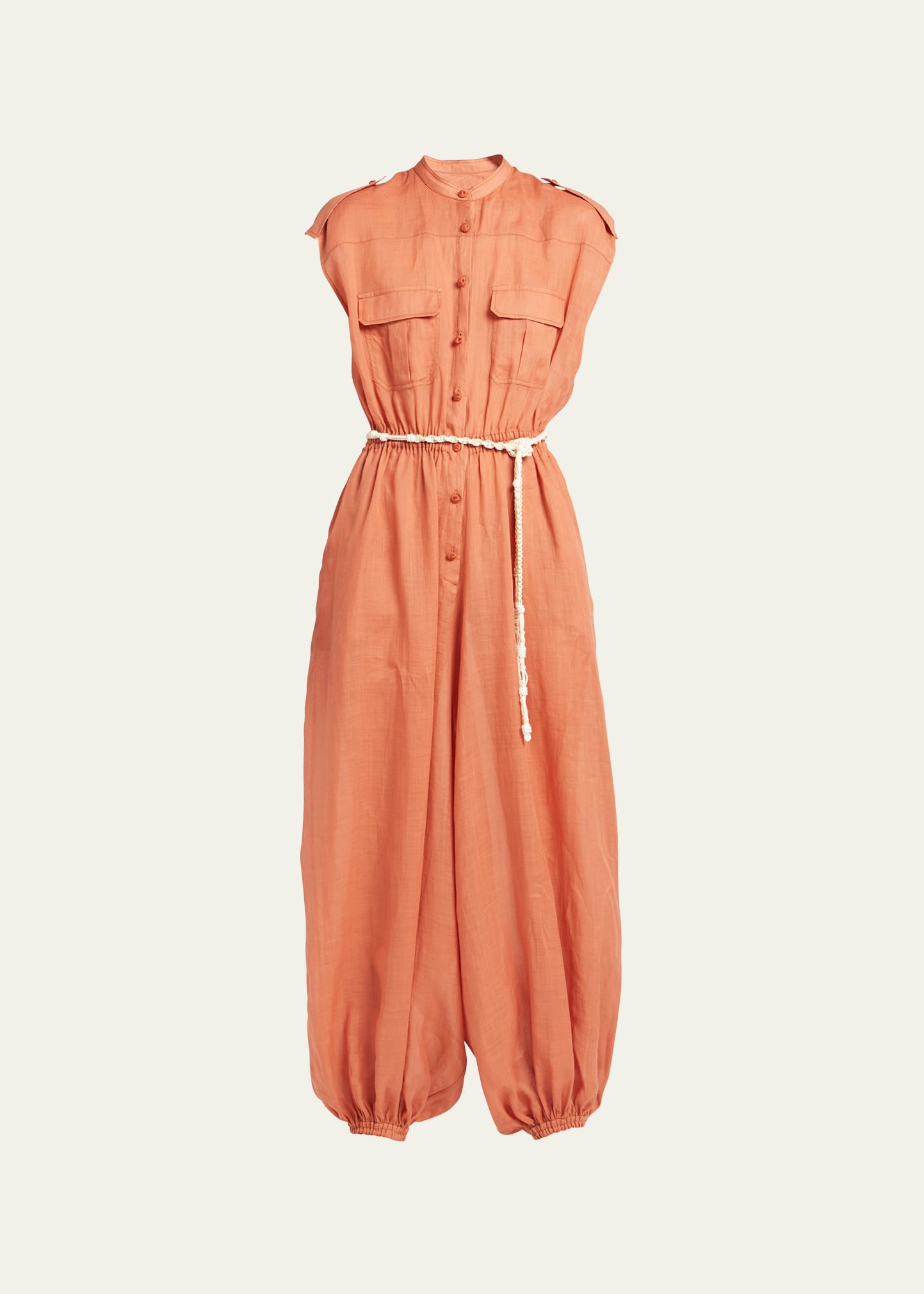 LORO PIANA A-LINE BUTTON-FRONT JUMPSUIT WITH TIE BELT