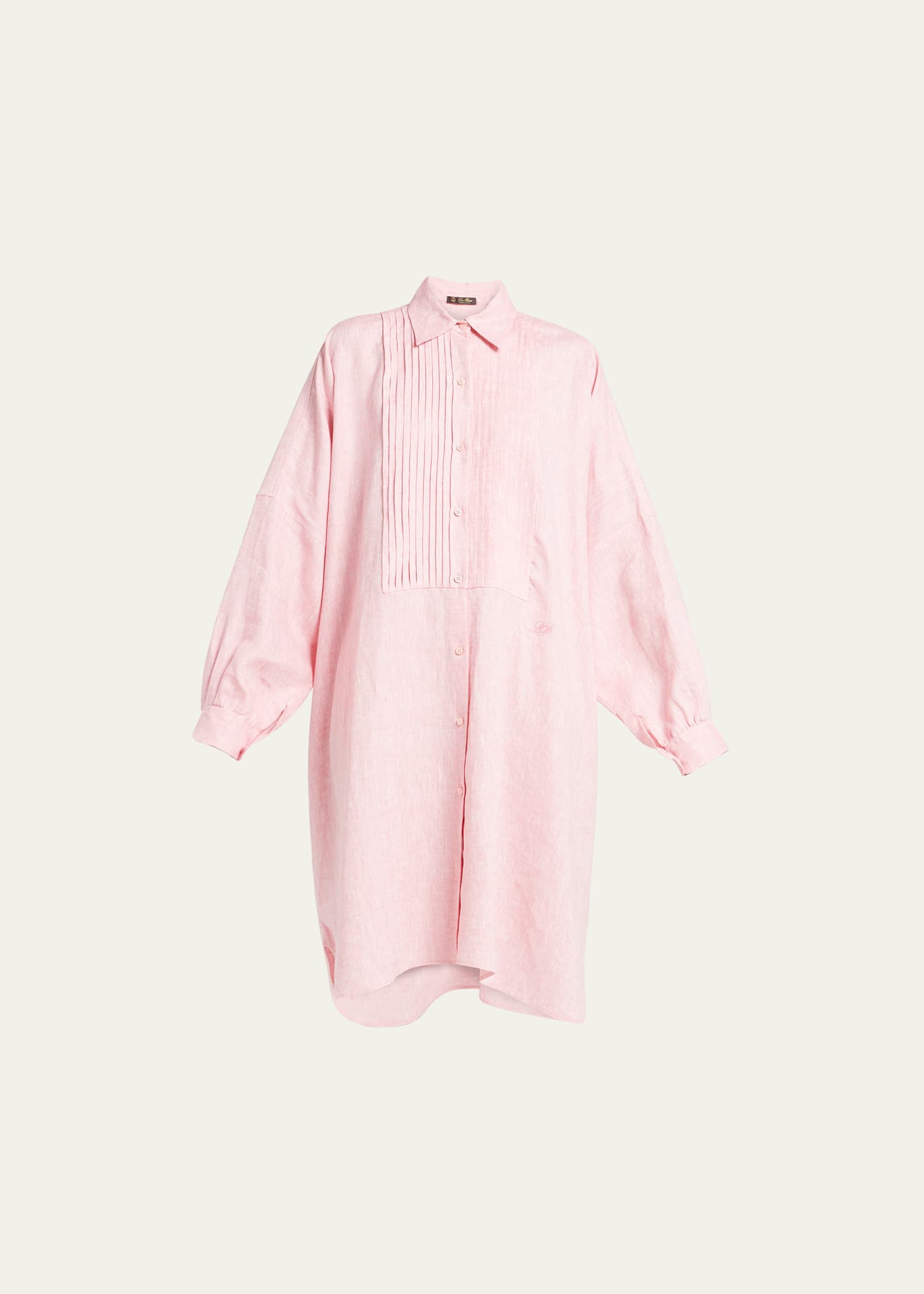 Linen Button-Front Shirtdress with Pleated Bib