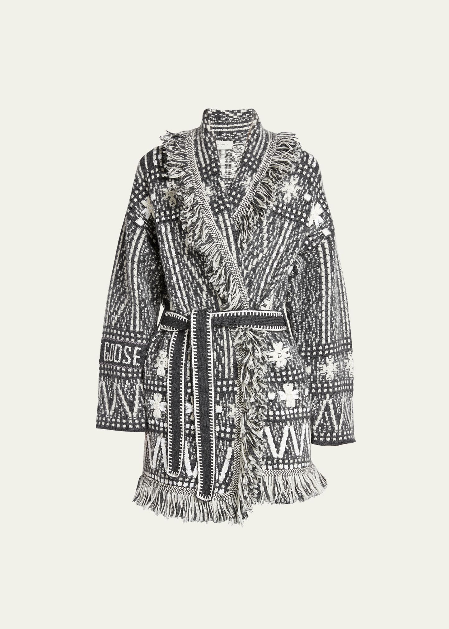 Shop Golden Goose Belted Fringe Wool Cardigan In Dark Melange Grey