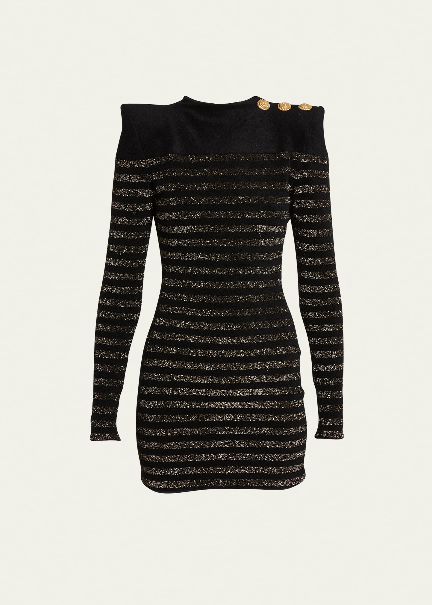 Balmain Metallic Stripe Button-shoulder Knit Mini Dress In Black Gold