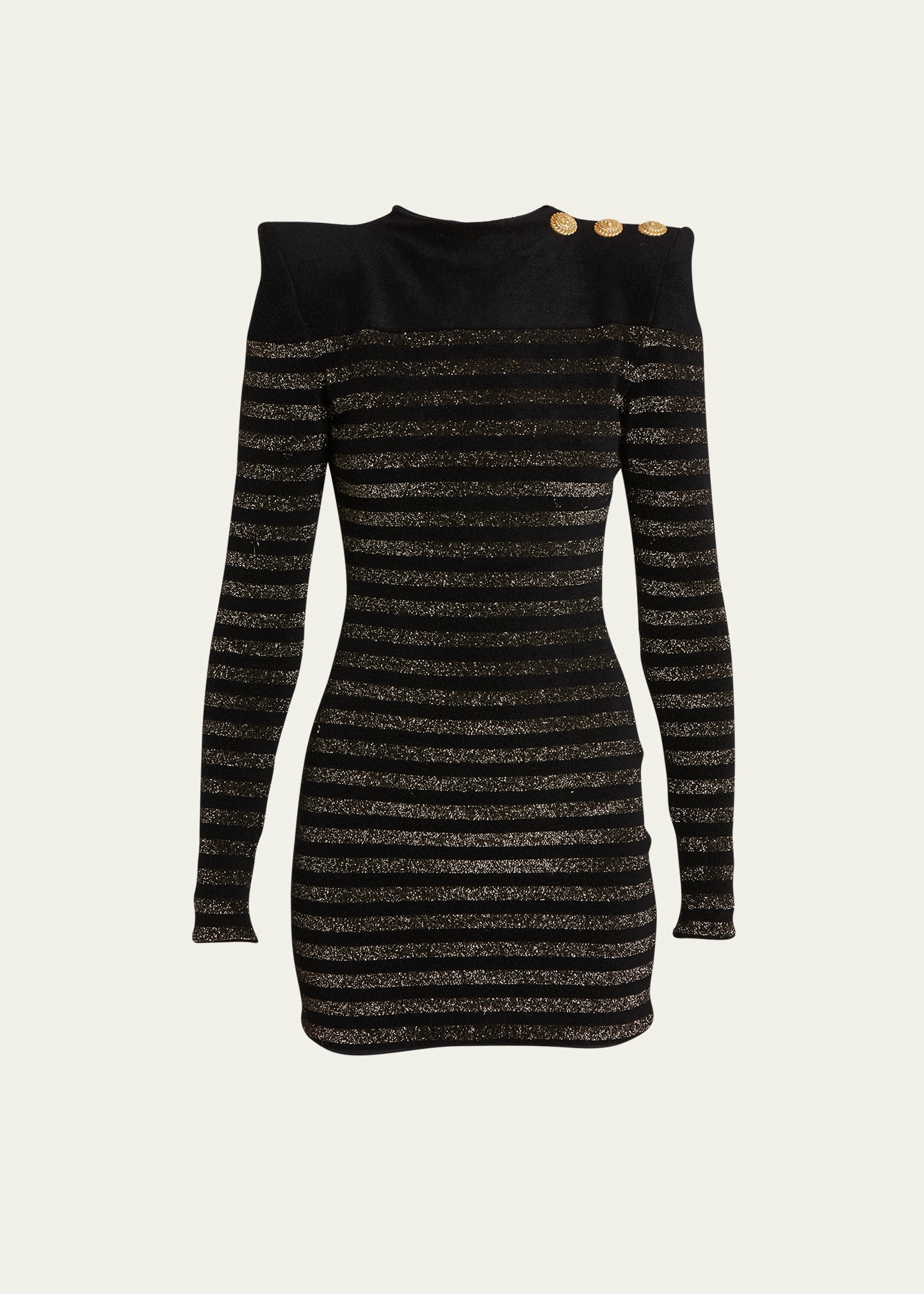 Shop Balmain Metallic Stripe Button-shoulder Knit Mini Dress In Black Gold