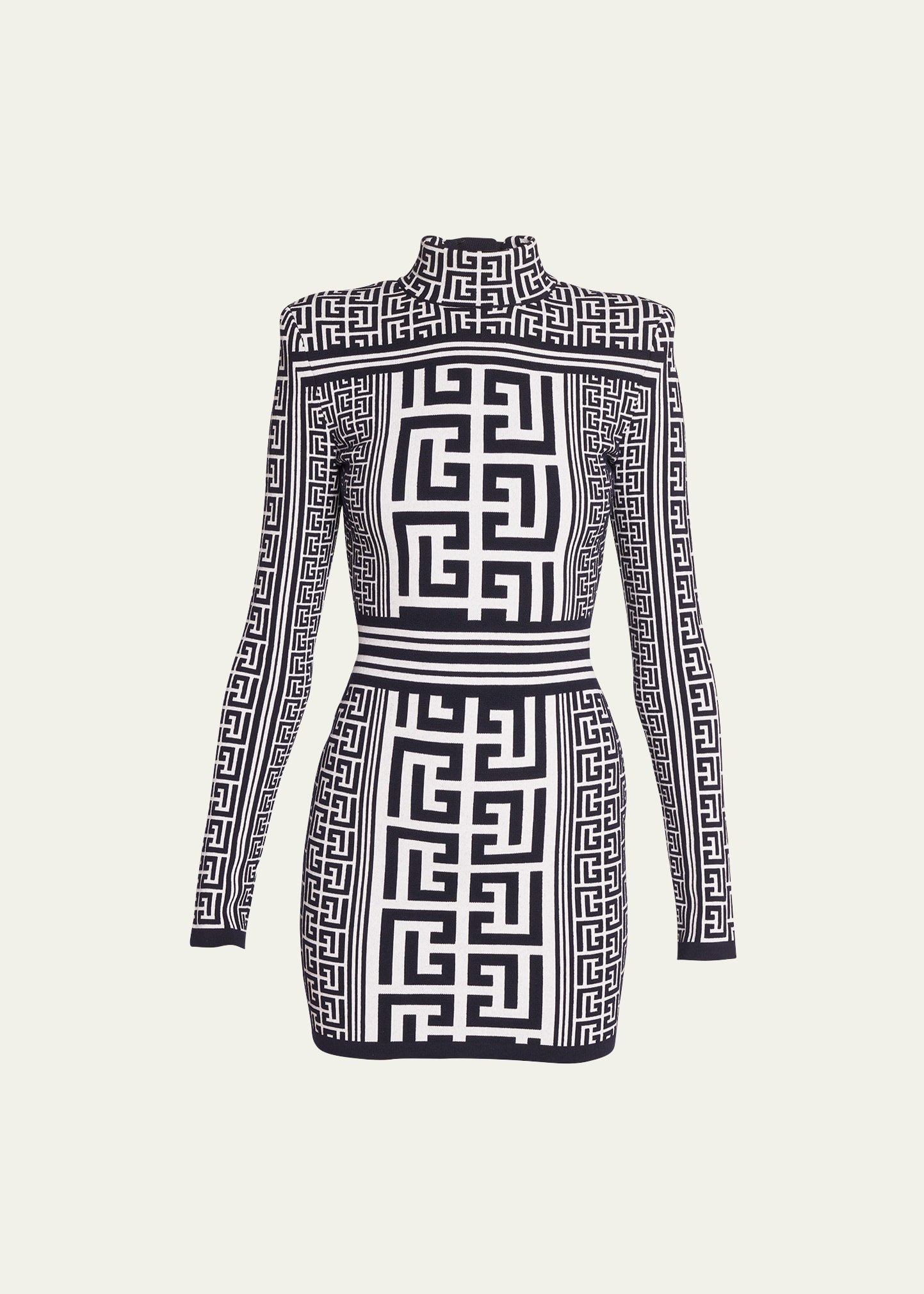Shop Balmain Dual Monogram Knit Mini Dress With Padded Shoulders In White Navy