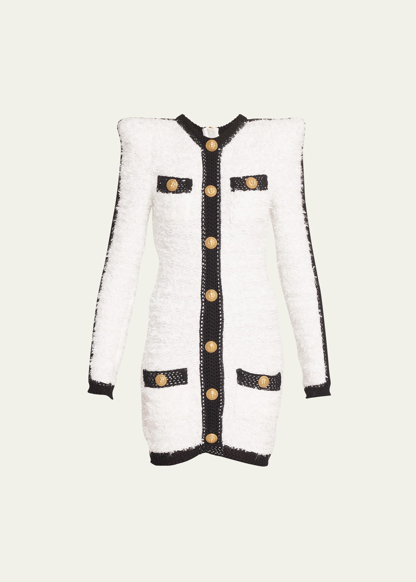 Shop Balmain Tweed Knit Mini Dress With Button Detail In White Blk