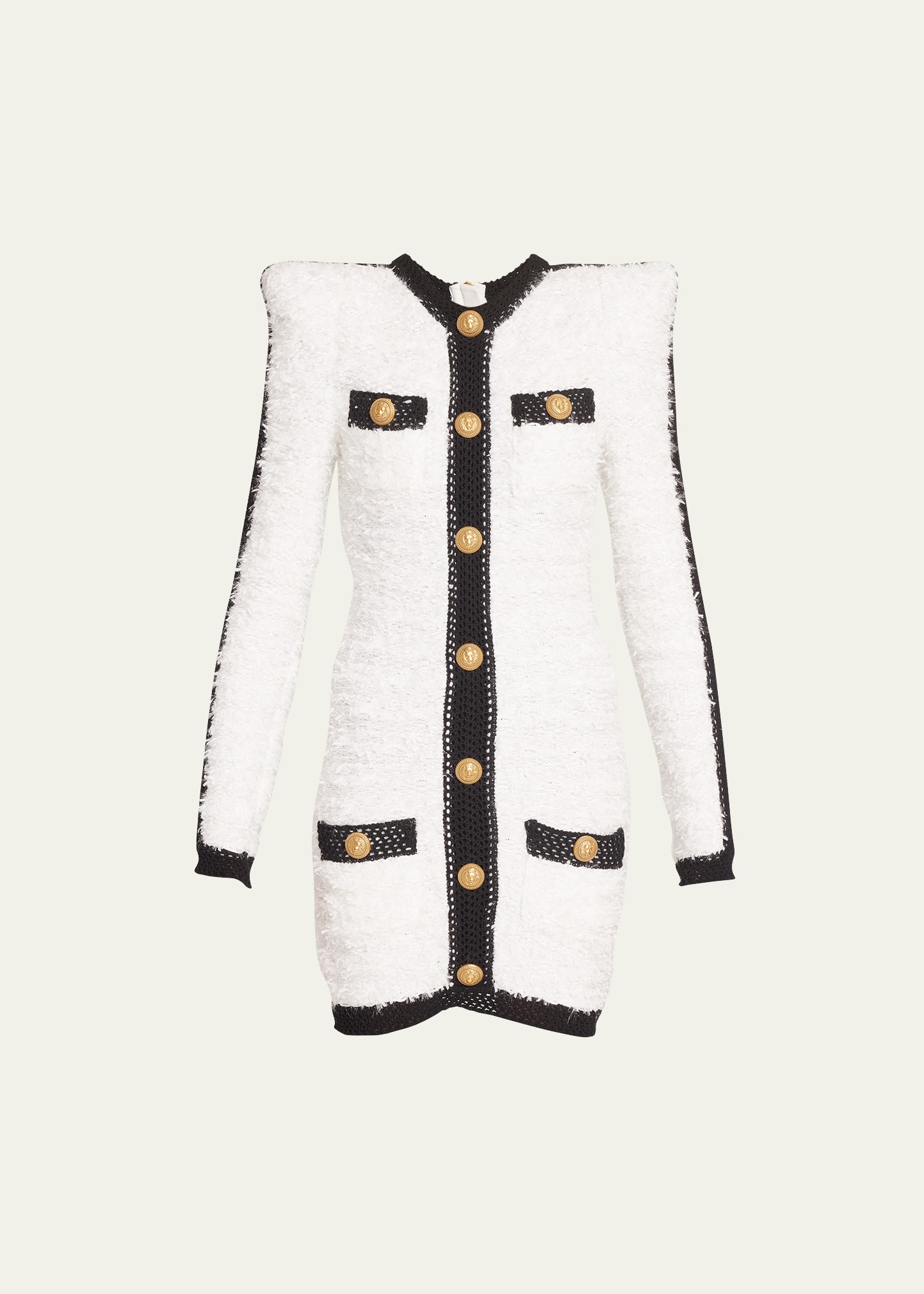 Balmain Tweed Knit Mini Dress With Button Detail In White Blk
