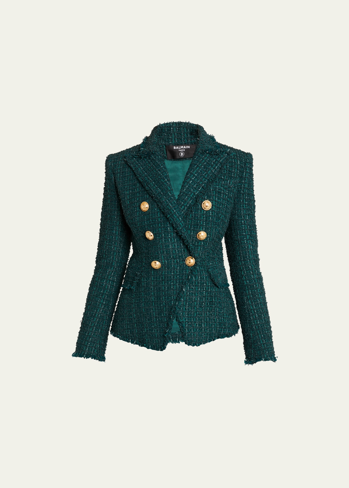 Balmain Tweed Double-breasted Blazer Jacket In Dk Green