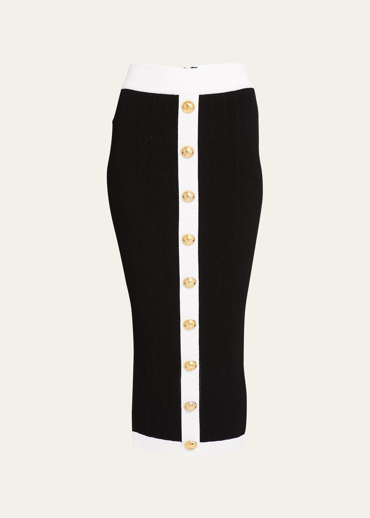 Balmain Button-embellished Ribbed-knit Midi Skirt In Blk White