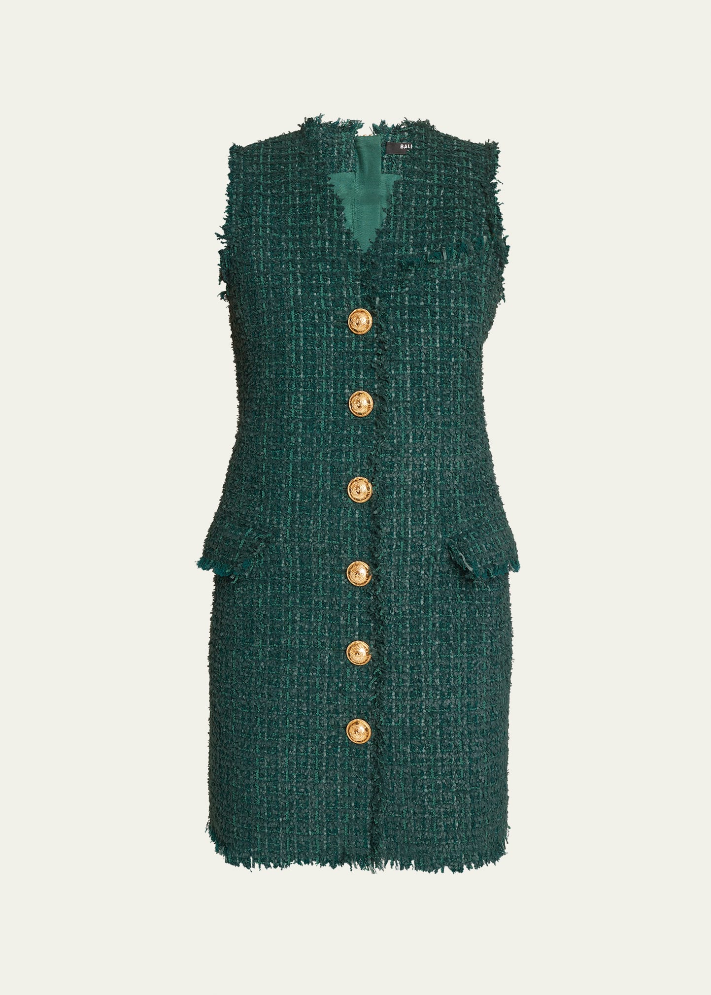 Balmain Button-embellished Tweed Mini Dress In Dk Green