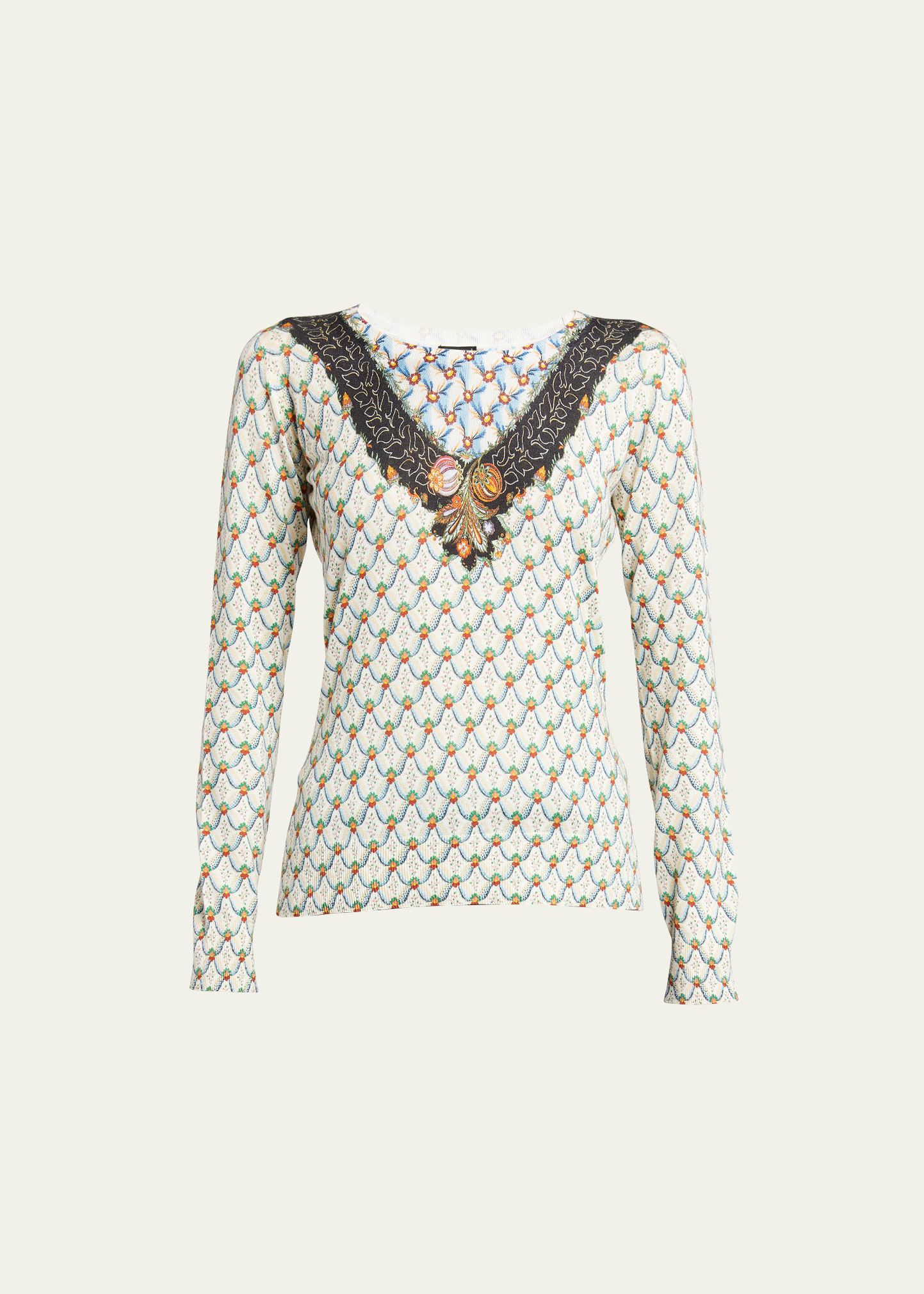 Etro Cashmere-blend Patterned Crewneck Top In Blue