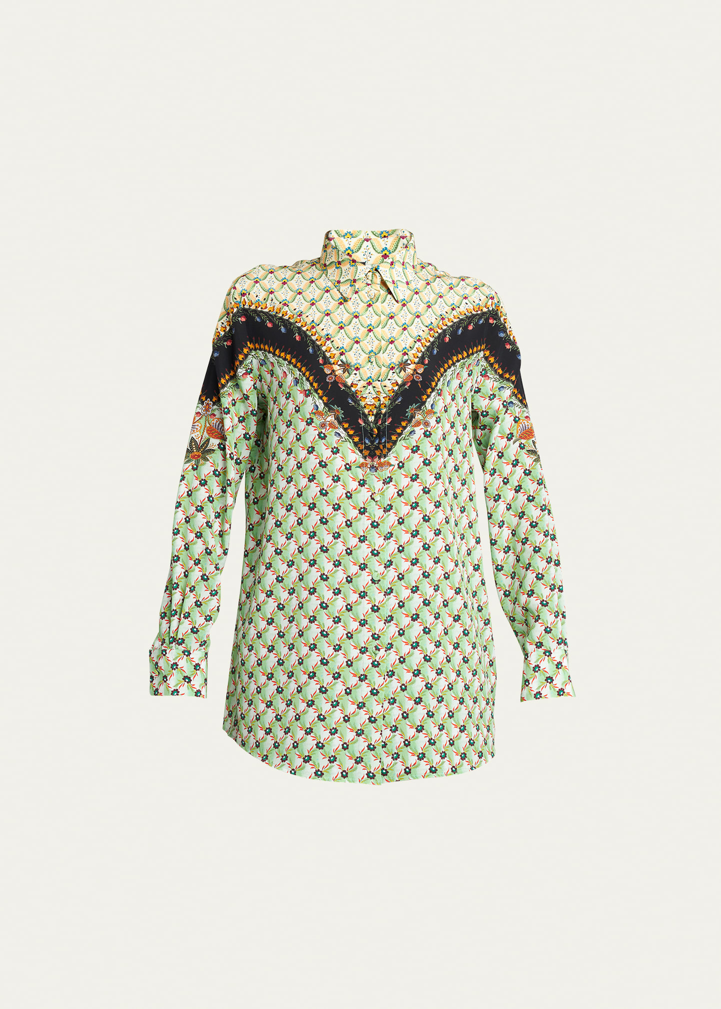 Etro Micro Floral-print Silk Button-front Shirt In Green